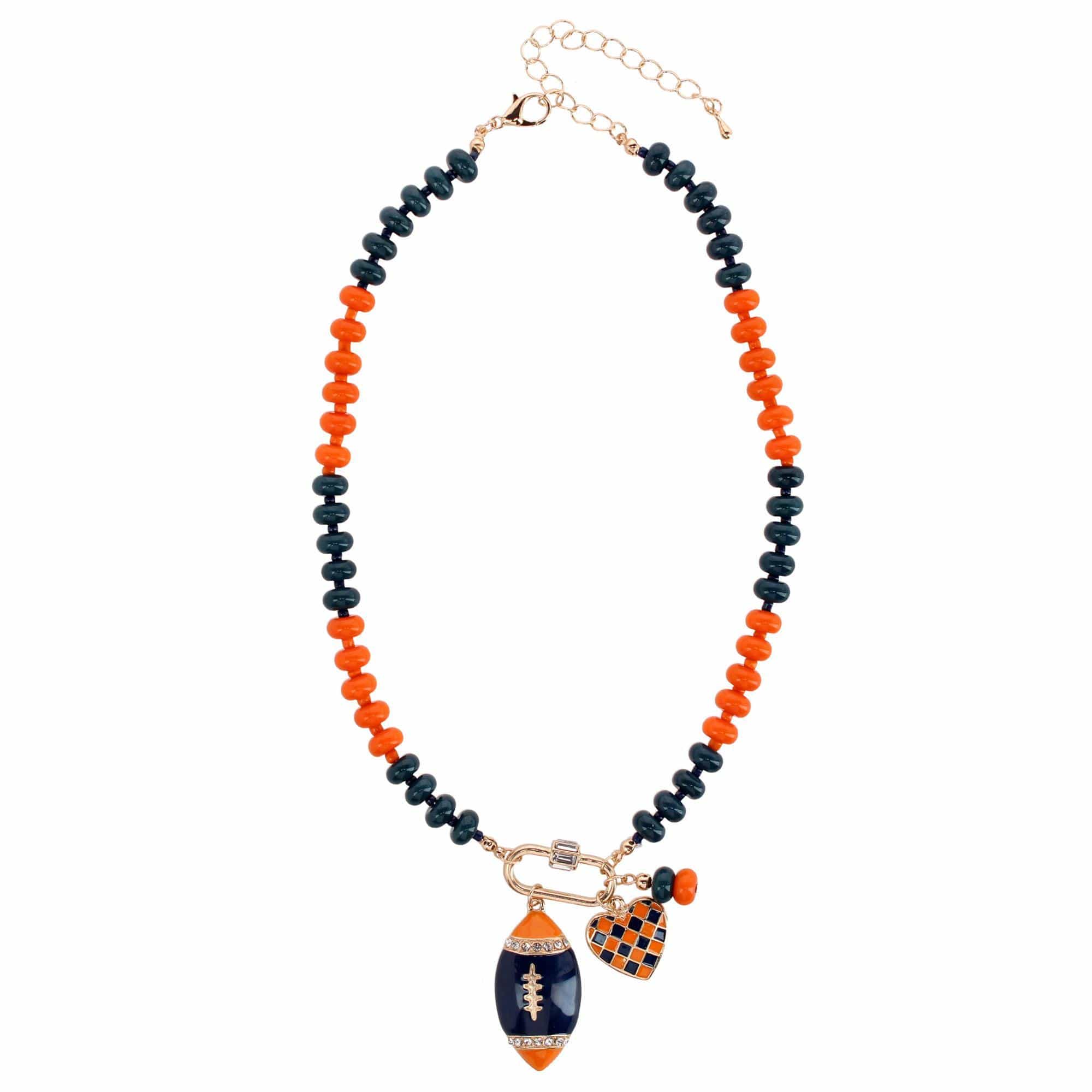 CTM® Women's Duo Color Beaded Charm Team Football Necklace - Navy and Orange