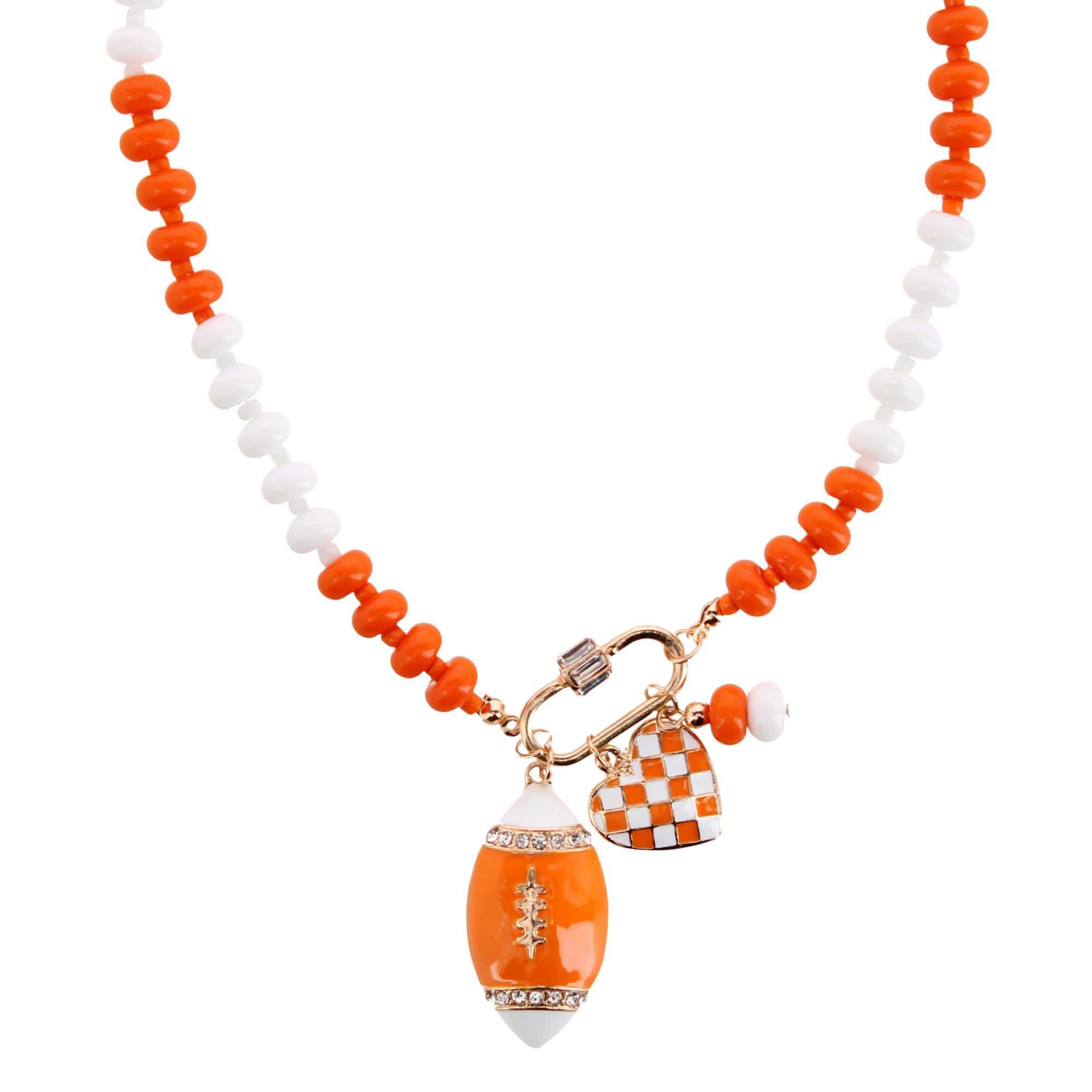 CTM® Women's Duo Color Beaded Charm Team Football Necklace - Orange and White