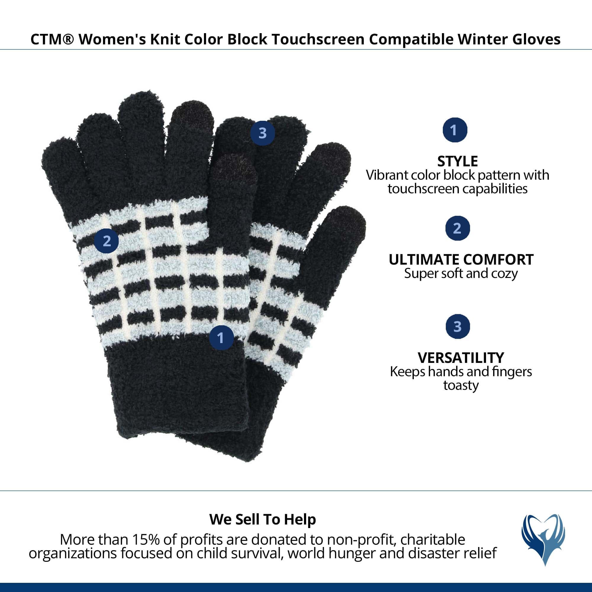 CTM® Women's Knit Color Block Touchscreen Compatible Winter Gloves - Black
