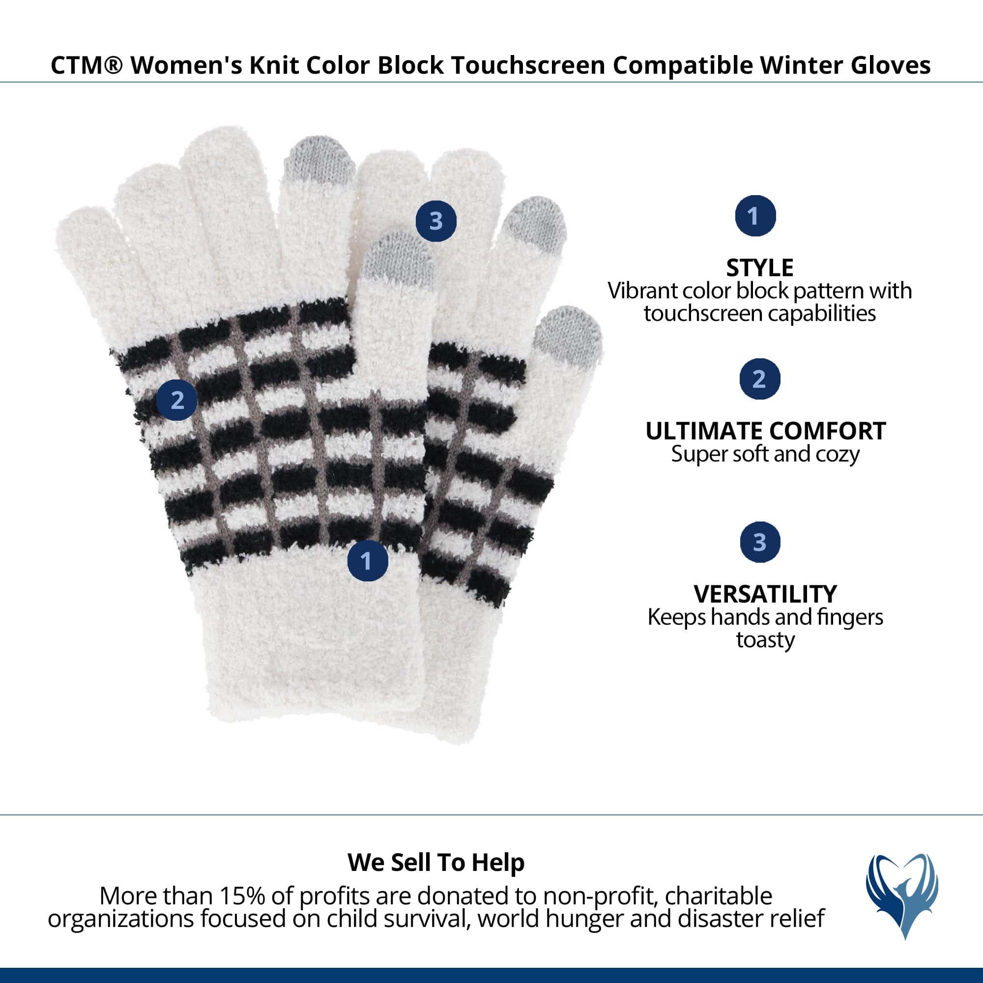 CTM® Women's Knit Color Block Touchscreen Compatible Winter Gloves - Ivory