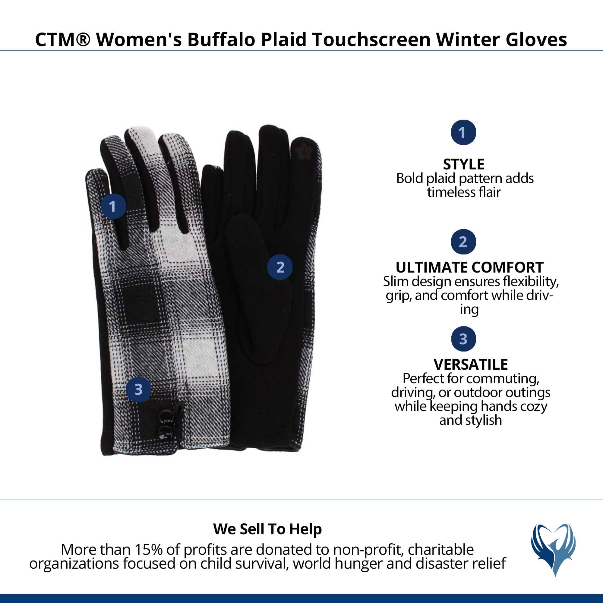 CTM® Women's Buffalo Plaid Touchscreen Winter Gloves - White/Black