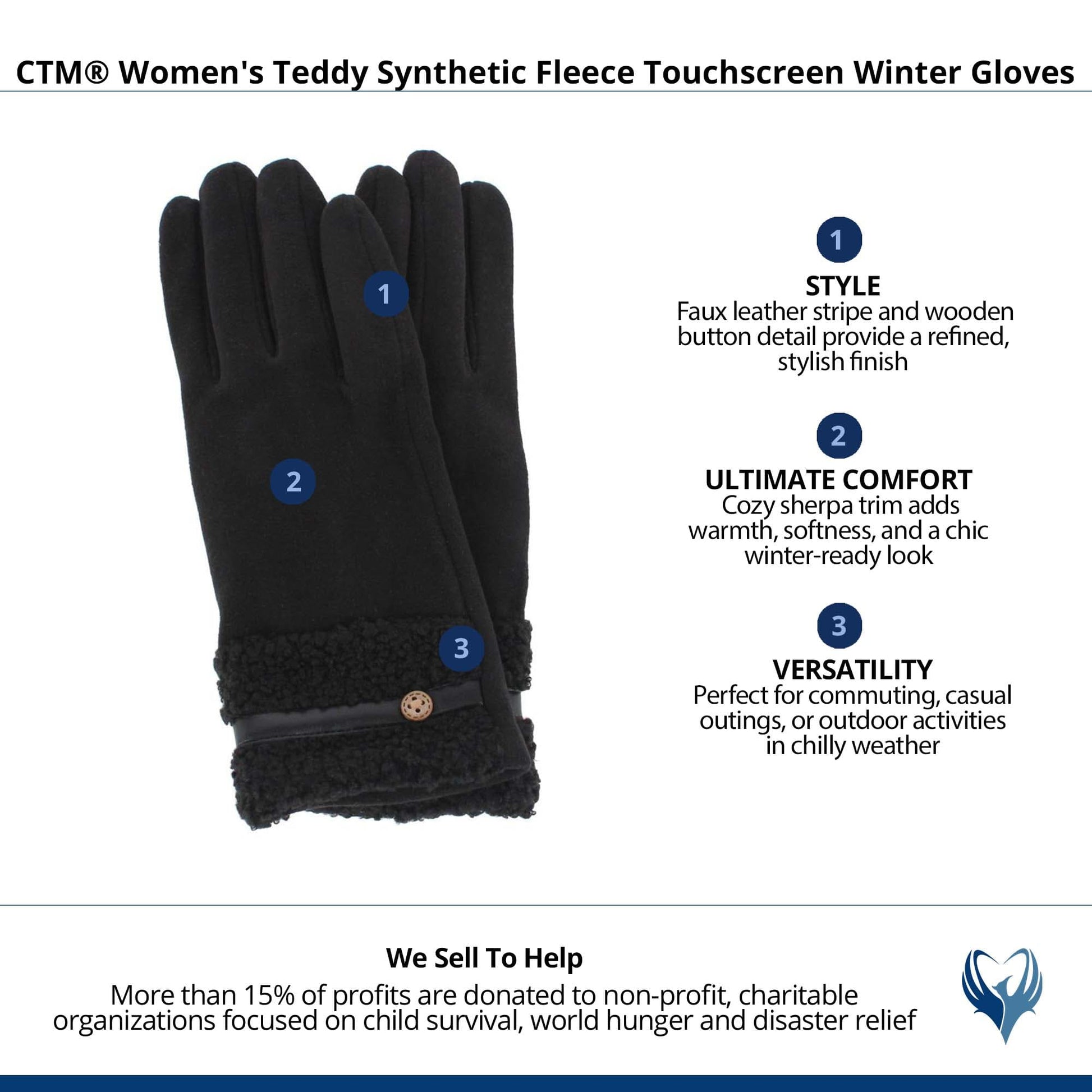 CTM® Women's Teddy Synthetic Fleece Touchscreen Winter Gloves - Black