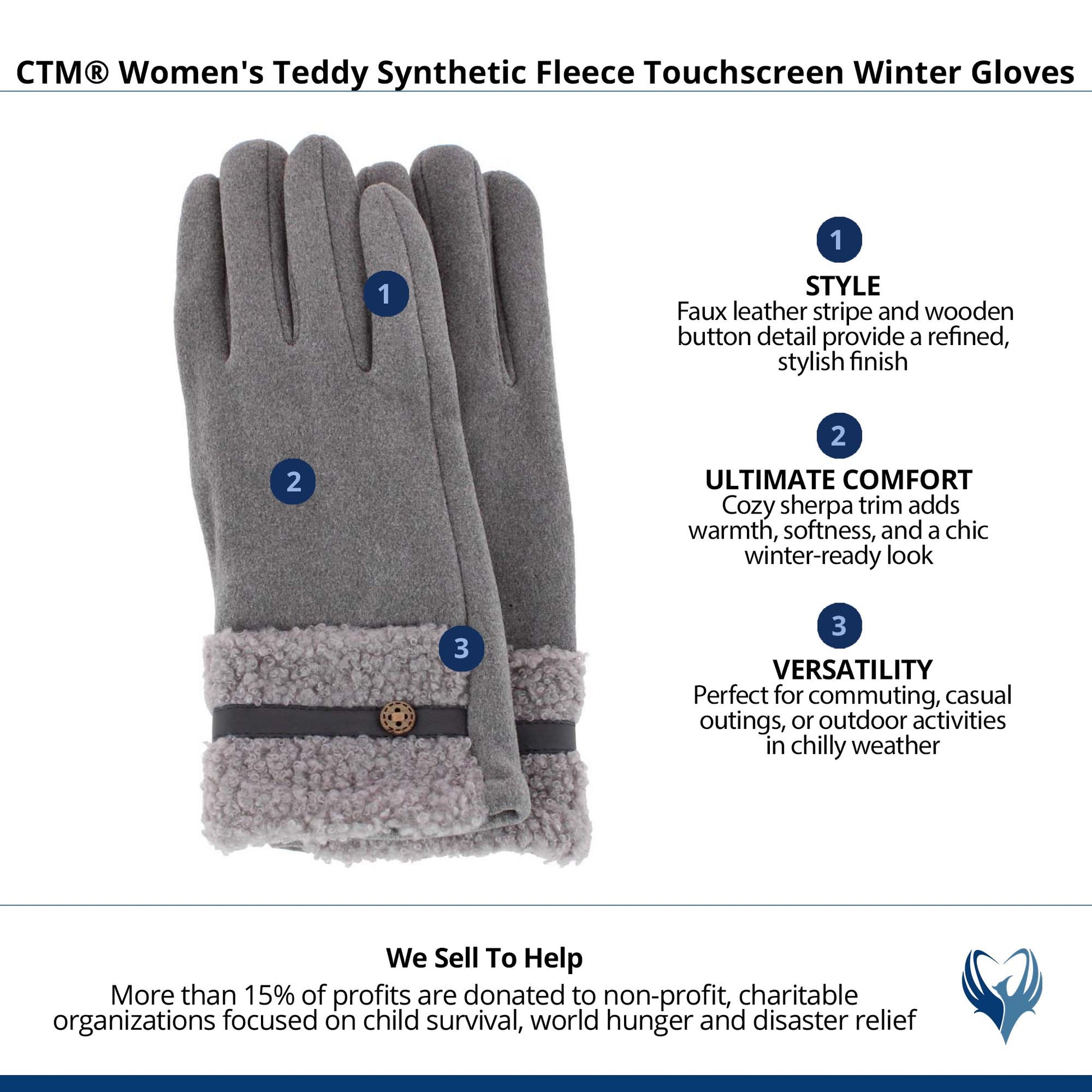CTM® Women's Teddy Synthetic Fleece Touchscreen Winter Gloves - Gray