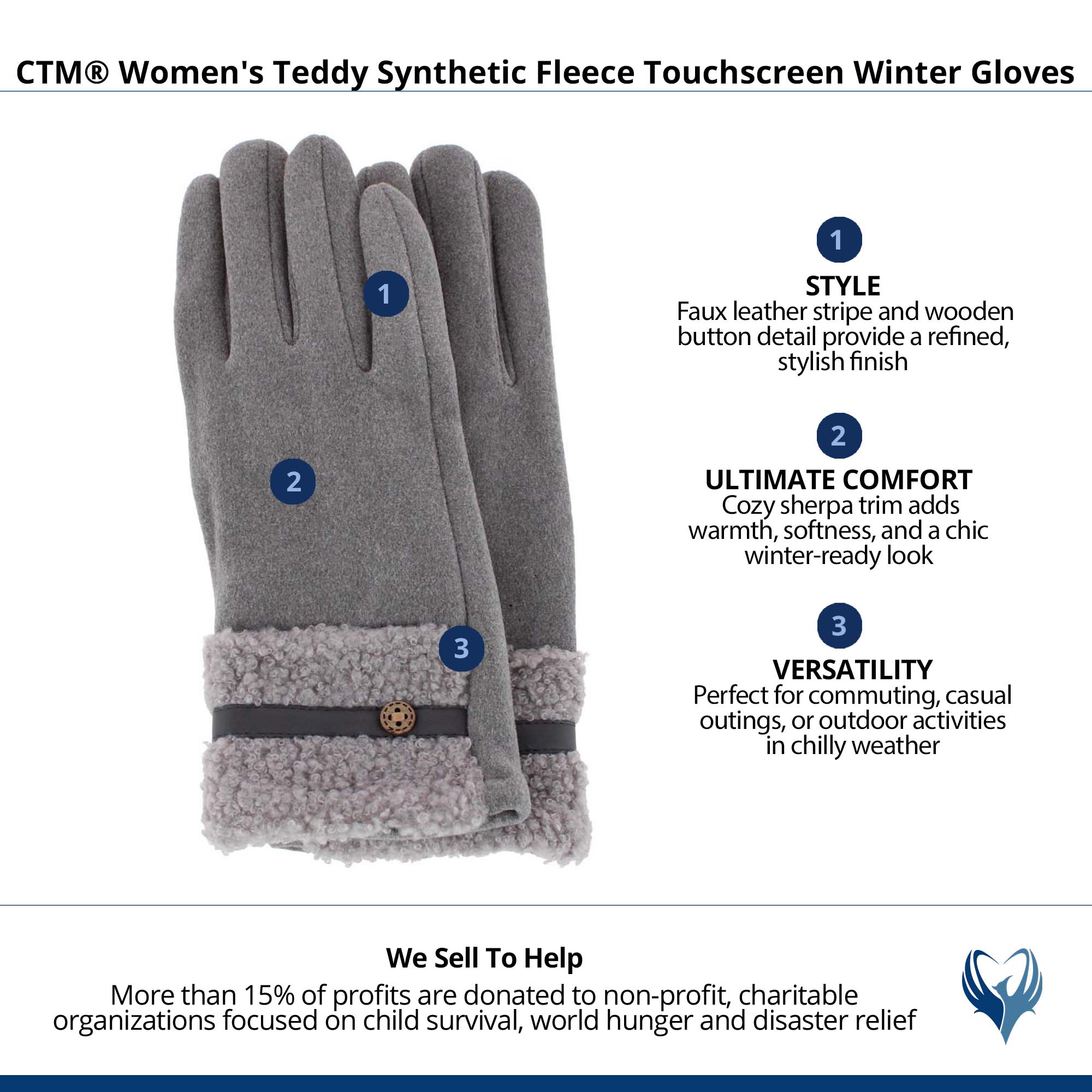 CTM® Women's Teddy Synthetic Fleece Touchscreen Winter Gloves - Gray