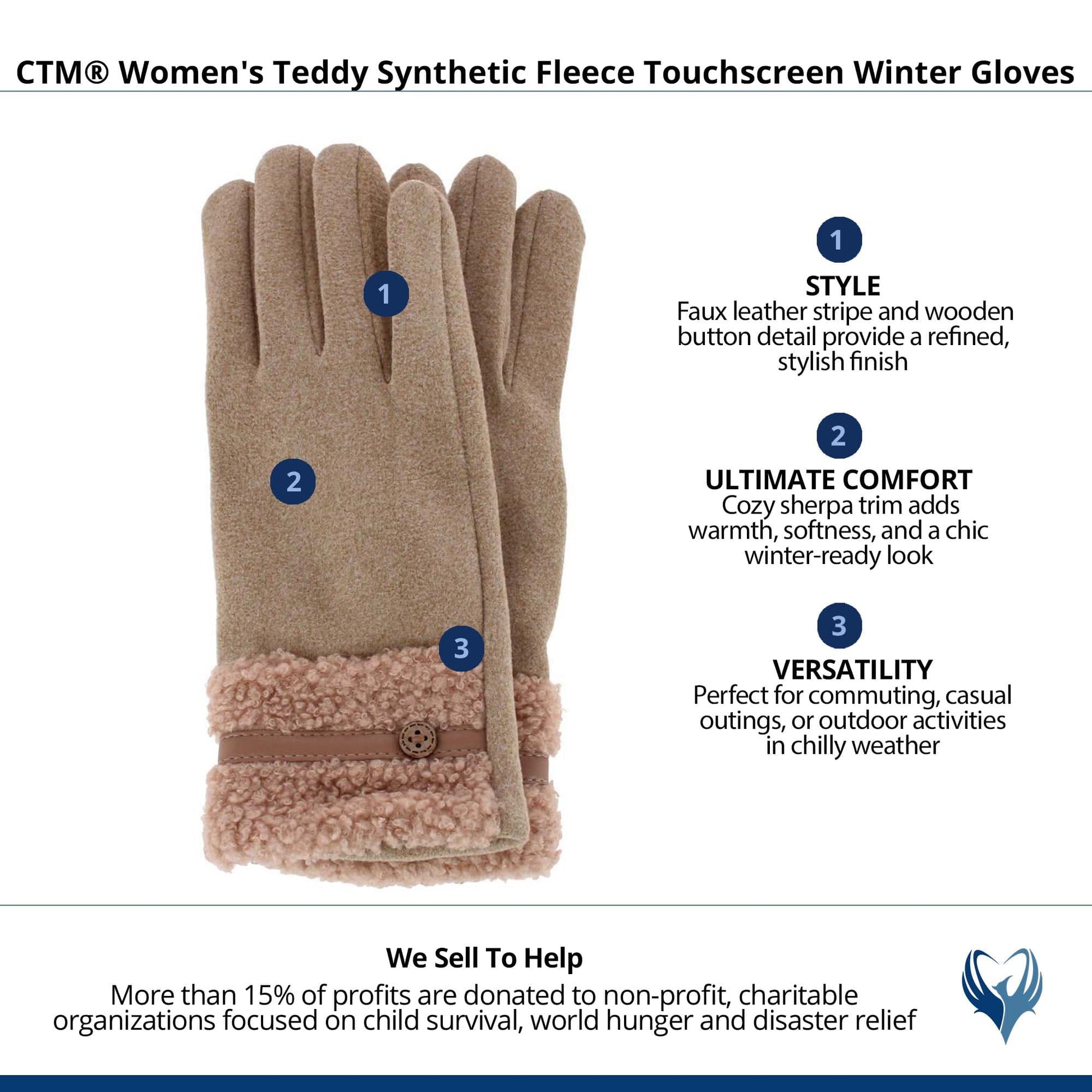 CTM® Women's Teddy Synthetic Fleece Touchscreen Winter Gloves - Taupe
