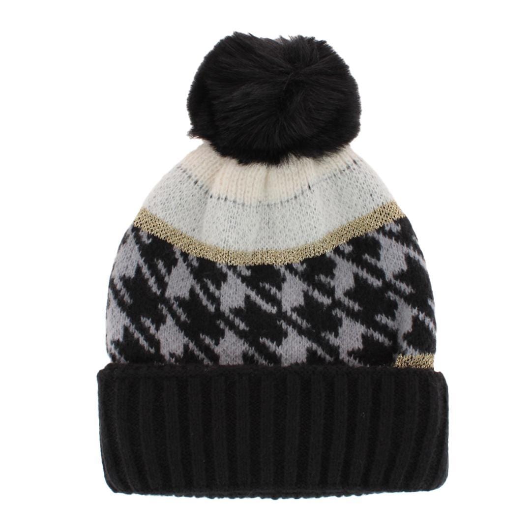 CTM® Women's Knit Houndstooth Pattern Winter Beanie Hat with Pom