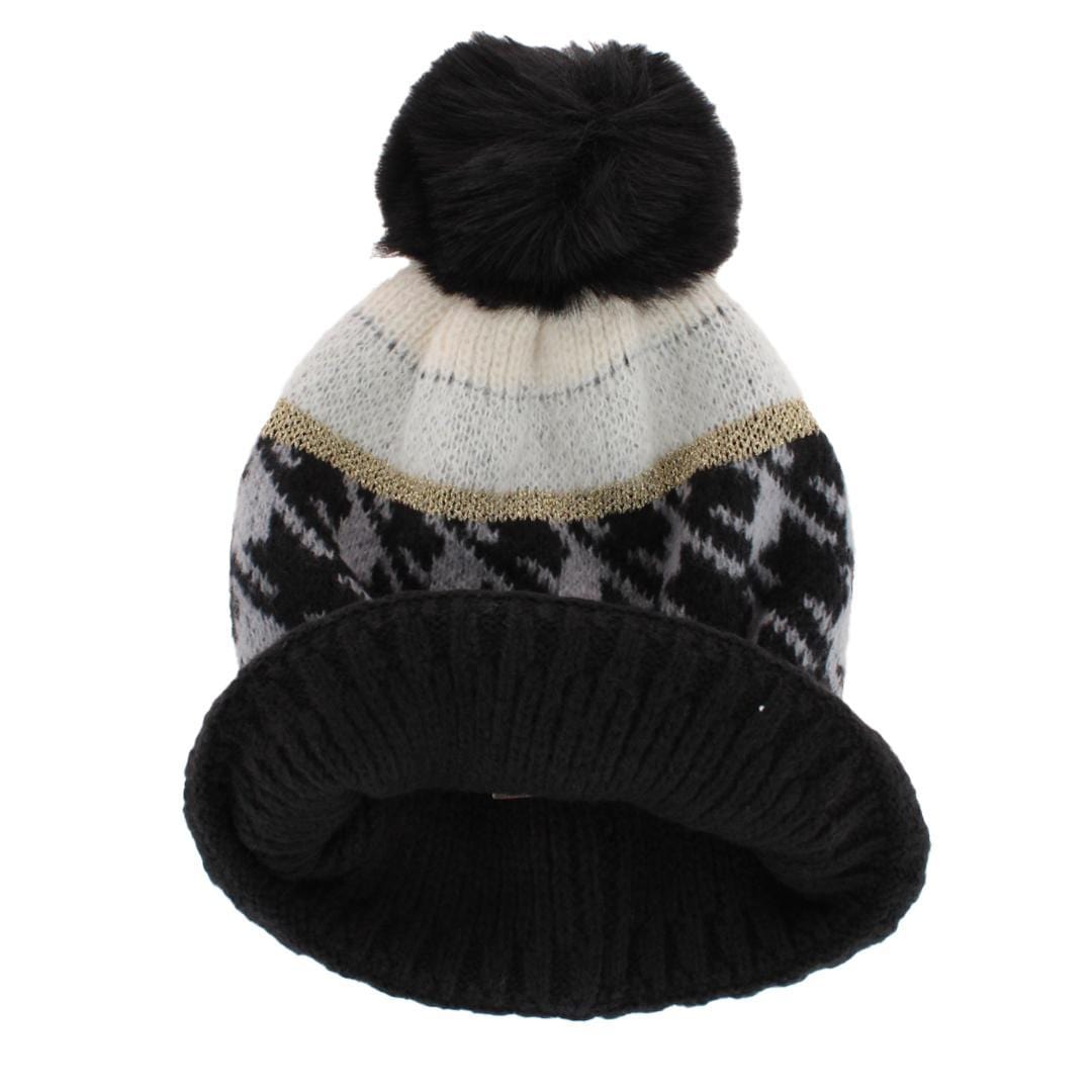 CTM® Women's Knit Houndstooth Pattern Winter Beanie Hat with Pom - Black