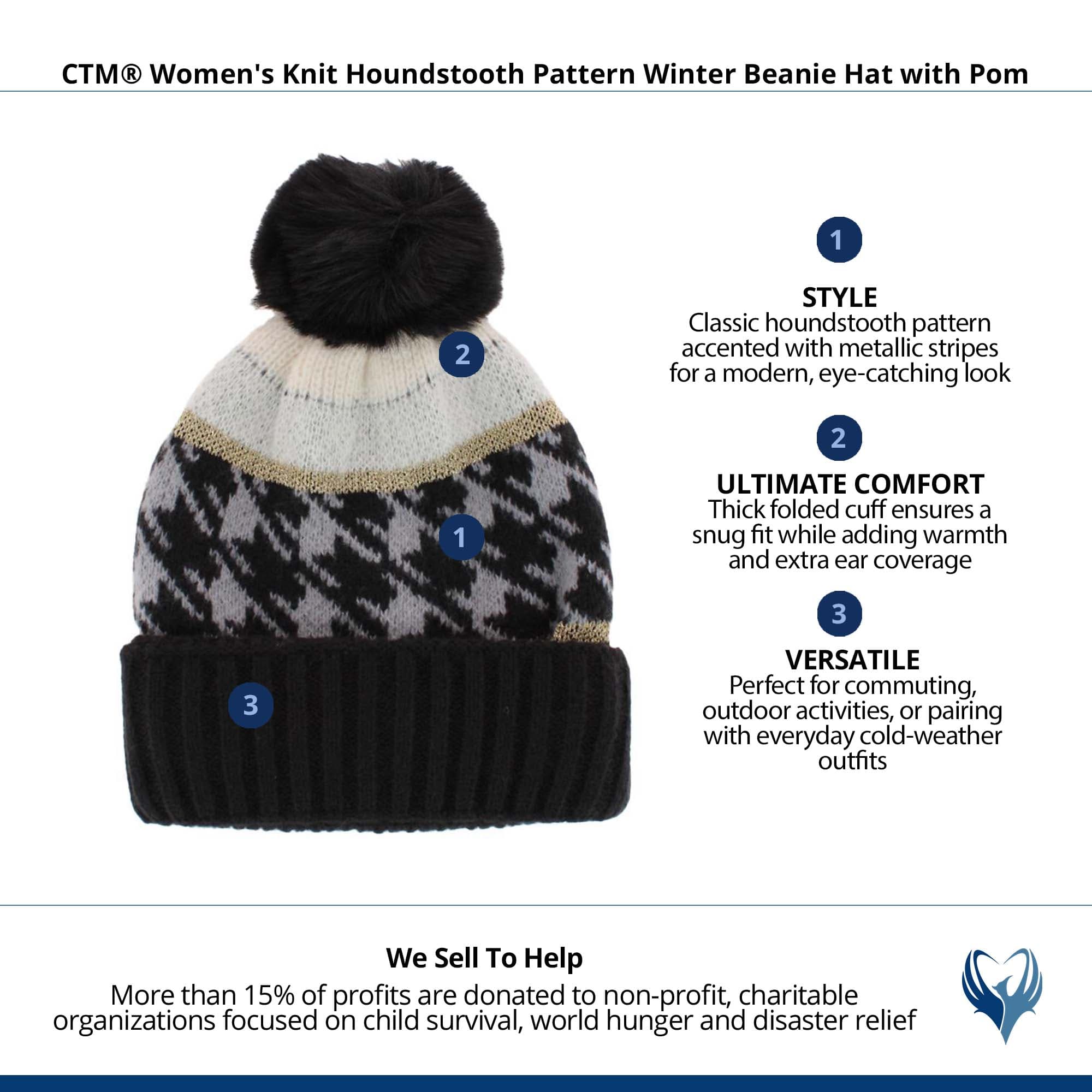 CTM® Women's Knit Houndstooth Pattern Winter Beanie Hat with Pom - Black