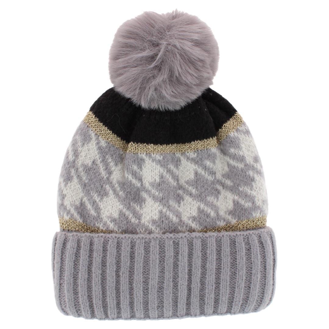 CTM® Women's Knit Houndstooth Pattern Winter Beanie Hat with Pom - Gray