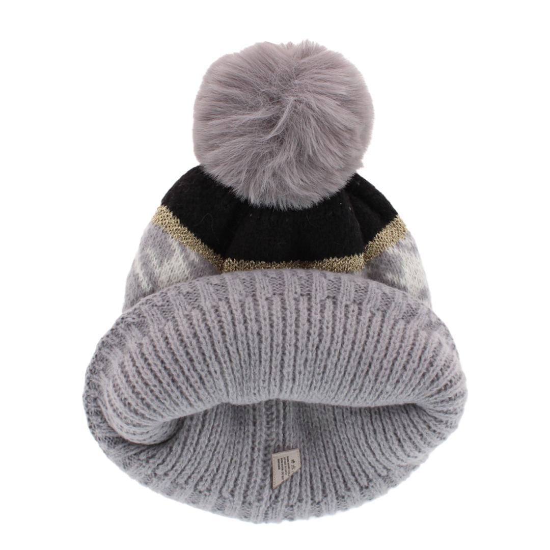 CTM® Women's Knit Houndstooth Pattern Winter Beanie Hat with Pom - Gray