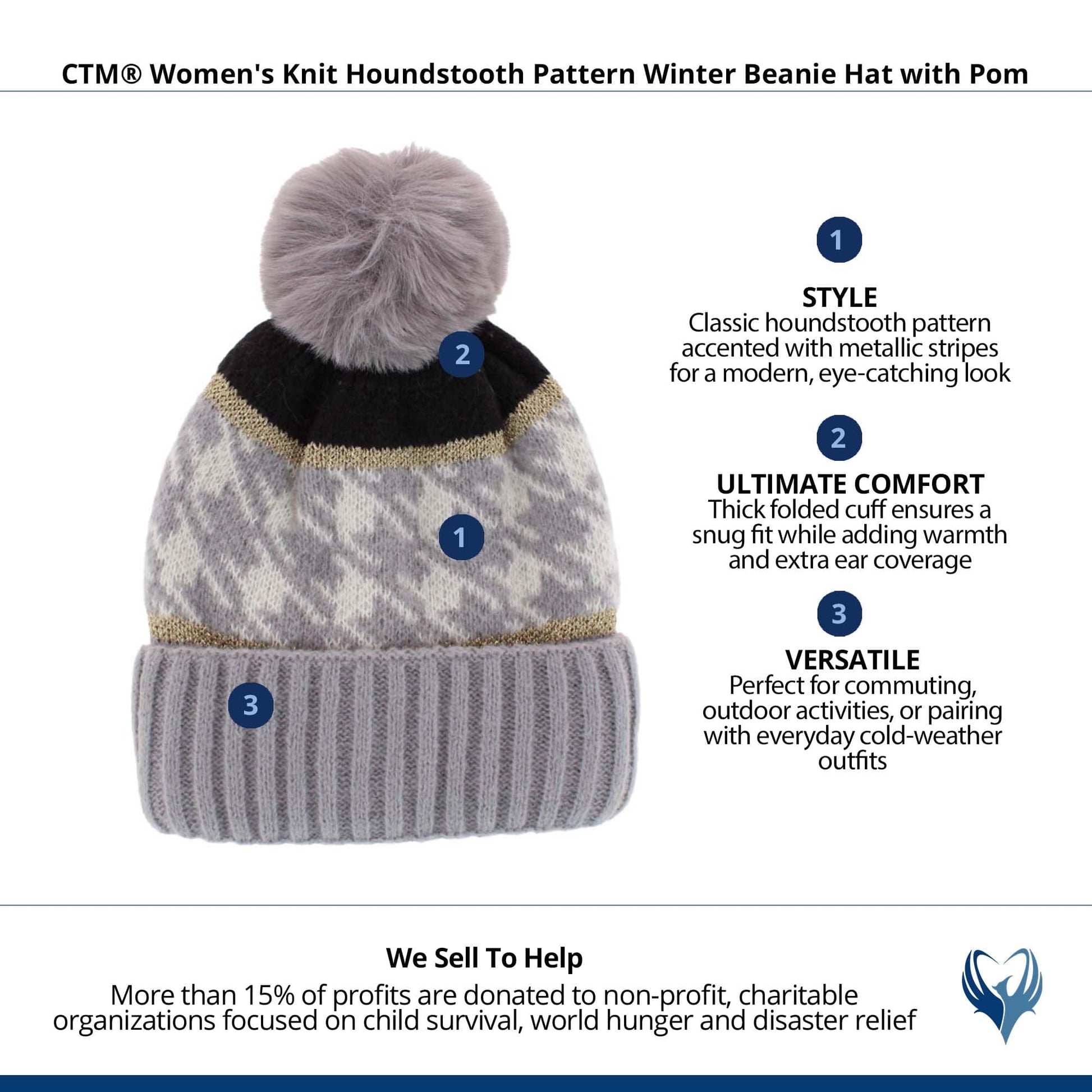 CTM® Women's Knit Houndstooth Pattern Winter Beanie Hat with Pom - Gray