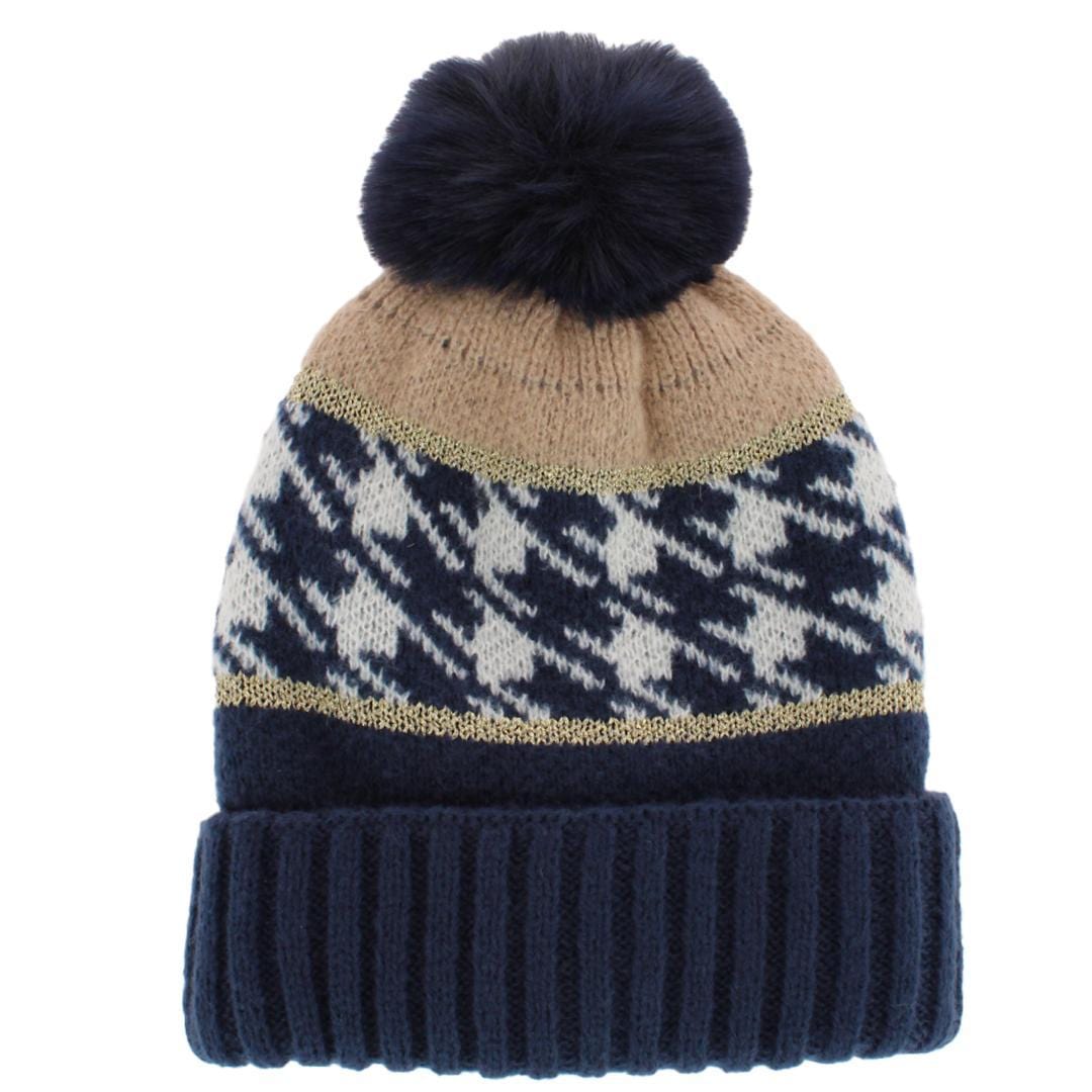 CTM® Women's Knit Houndstooth Pattern Winter Beanie Hat with Pom