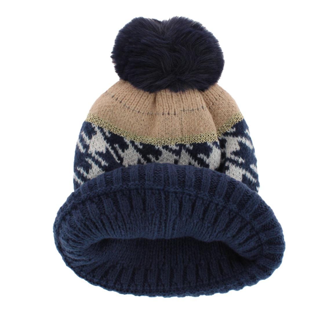 CTM® Women's Knit Houndstooth Pattern Winter Beanie Hat with Pom - Navy