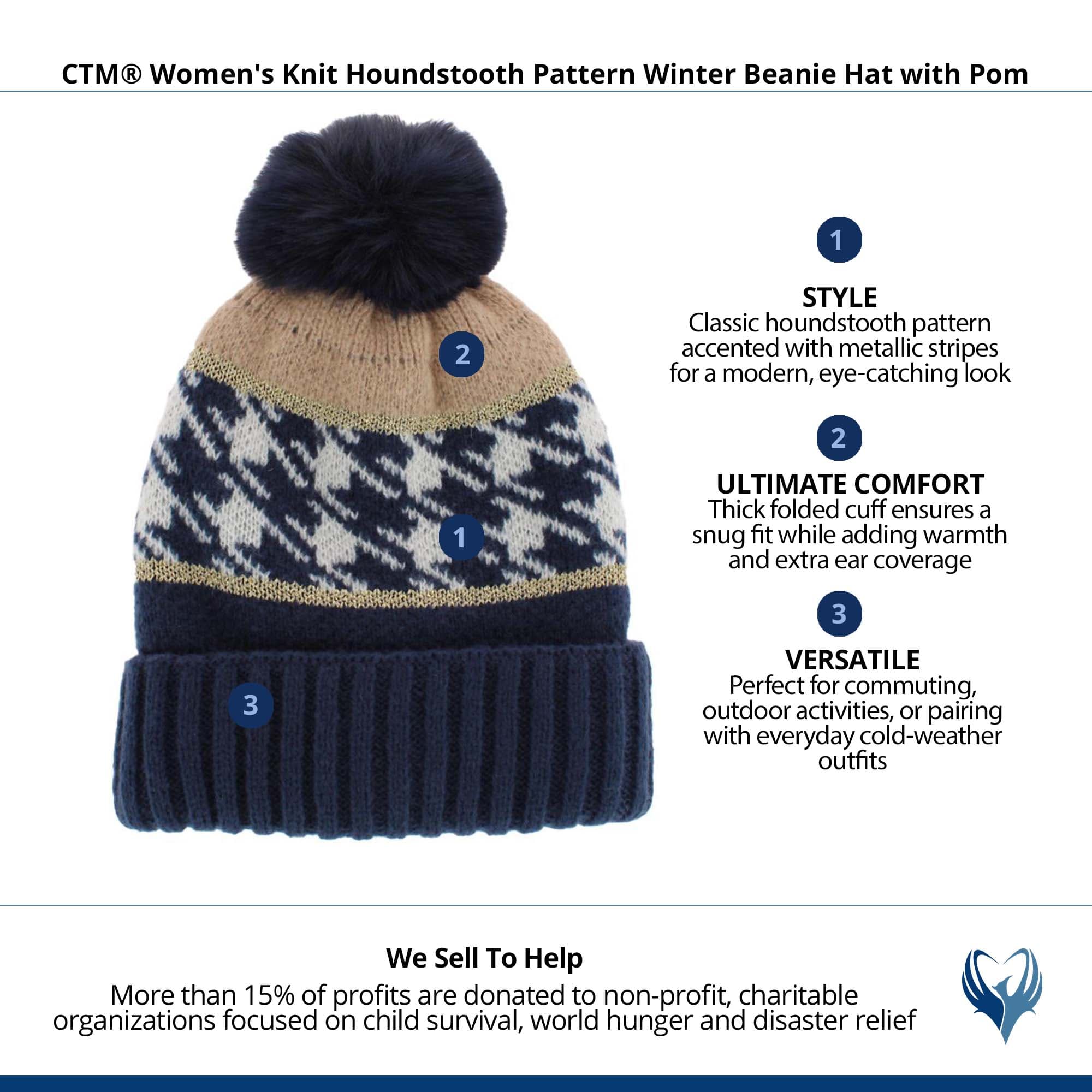 CTM® Women's Knit Houndstooth Pattern Winter Beanie Hat with Pom - Navy