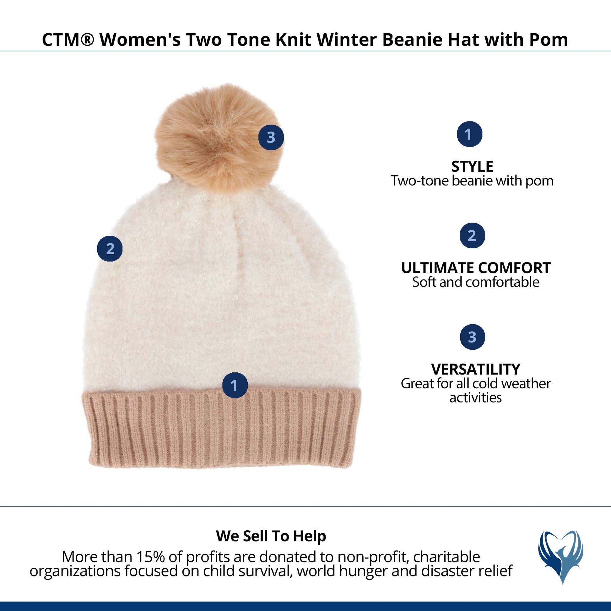 CTM® Women's Two Tone Knit Winter Beanie Hat with Pom - Beige