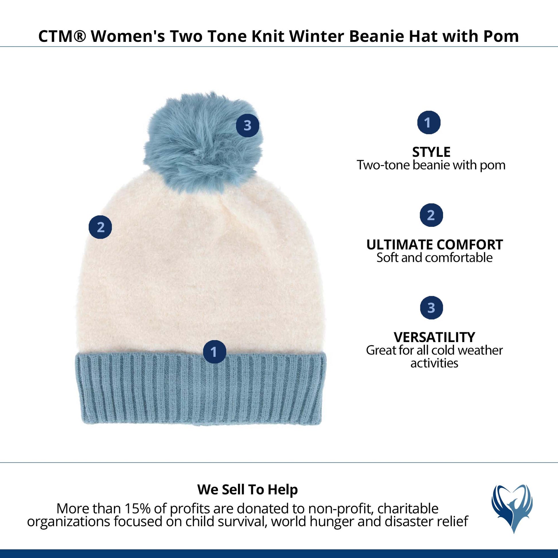 CTM® Women's Two Tone Knit Winter Beanie Hat with Pom - Blue