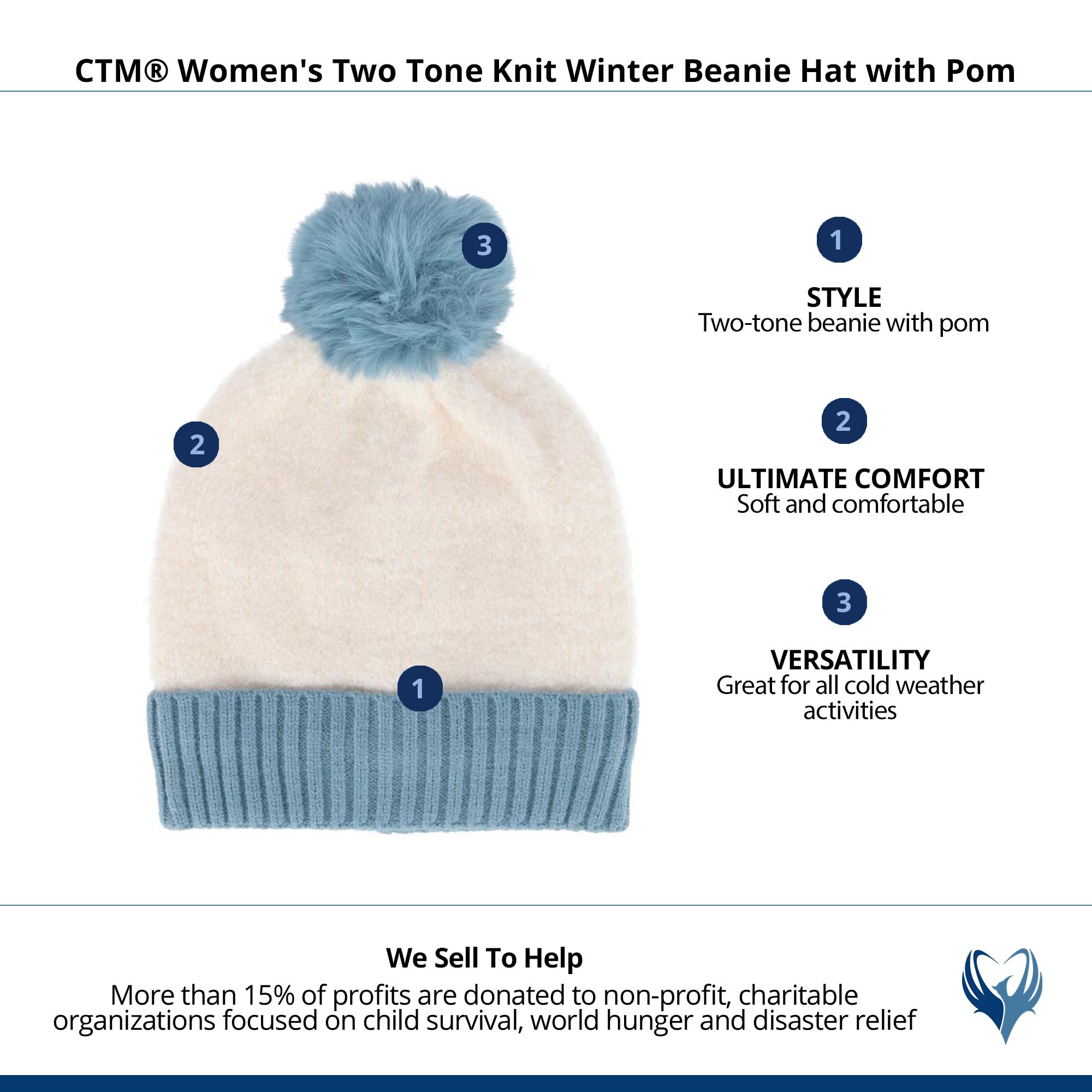 CTM® Women's Two Tone Knit Winter Beanie Hat with Pom - Blue