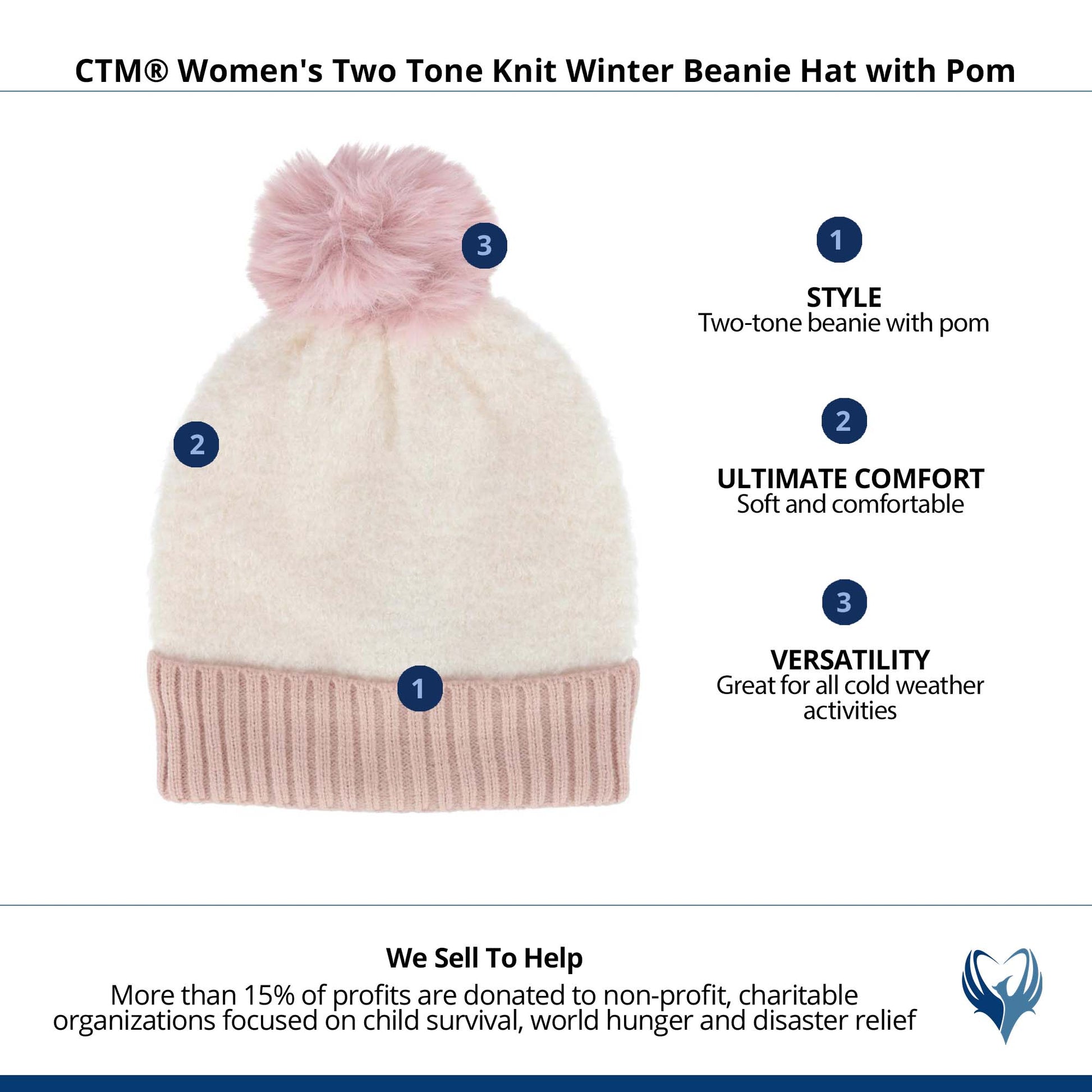 CTM® Women's Two Tone Knit Winter Beanie Hat with Pom - Pink