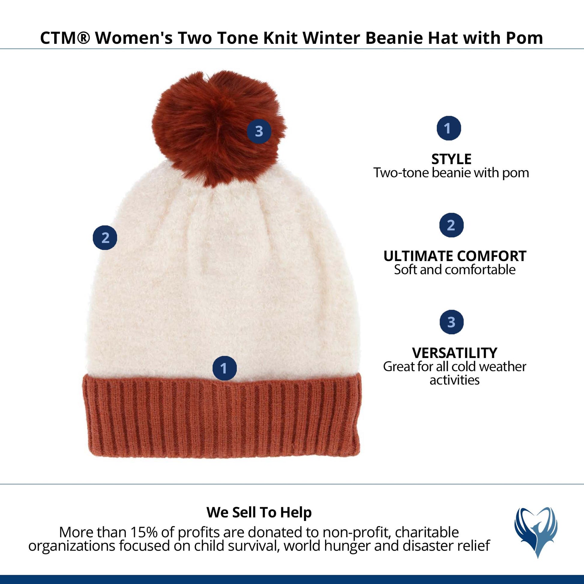 CTM® Women's Two Tone Knit Winter Beanie Hat with Pom - Rust