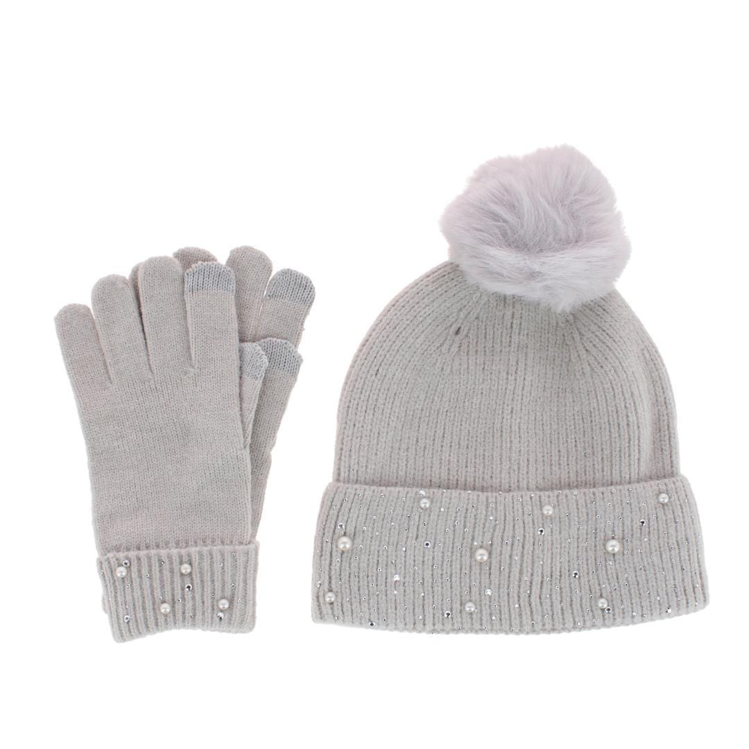 CTM® Women's Embellished Knit Winter Beanie and Touchscreen Glove Set - Light Gray