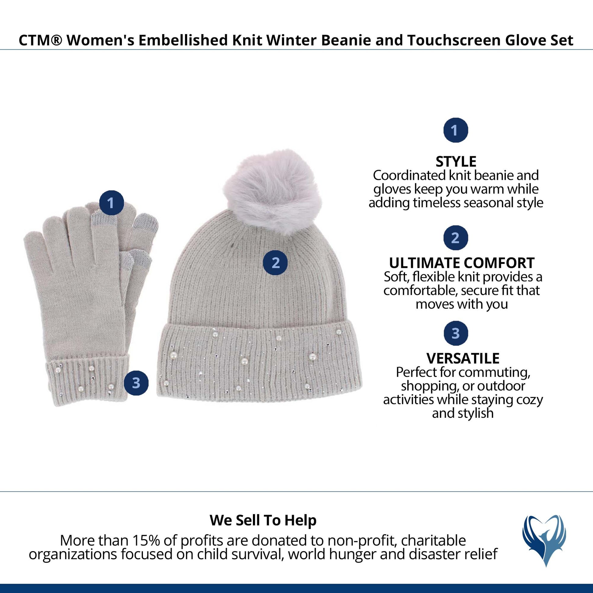 CTM® Women's Embellished Knit Winter Beanie and Touchscreen Glove Set - Light Gray