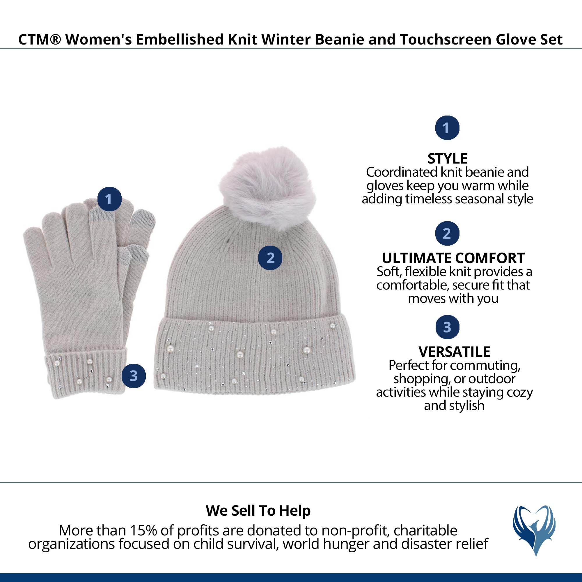 CTM® Women's Embellished Knit Winter Beanie and Touchscreen Glove Set - Light Gray