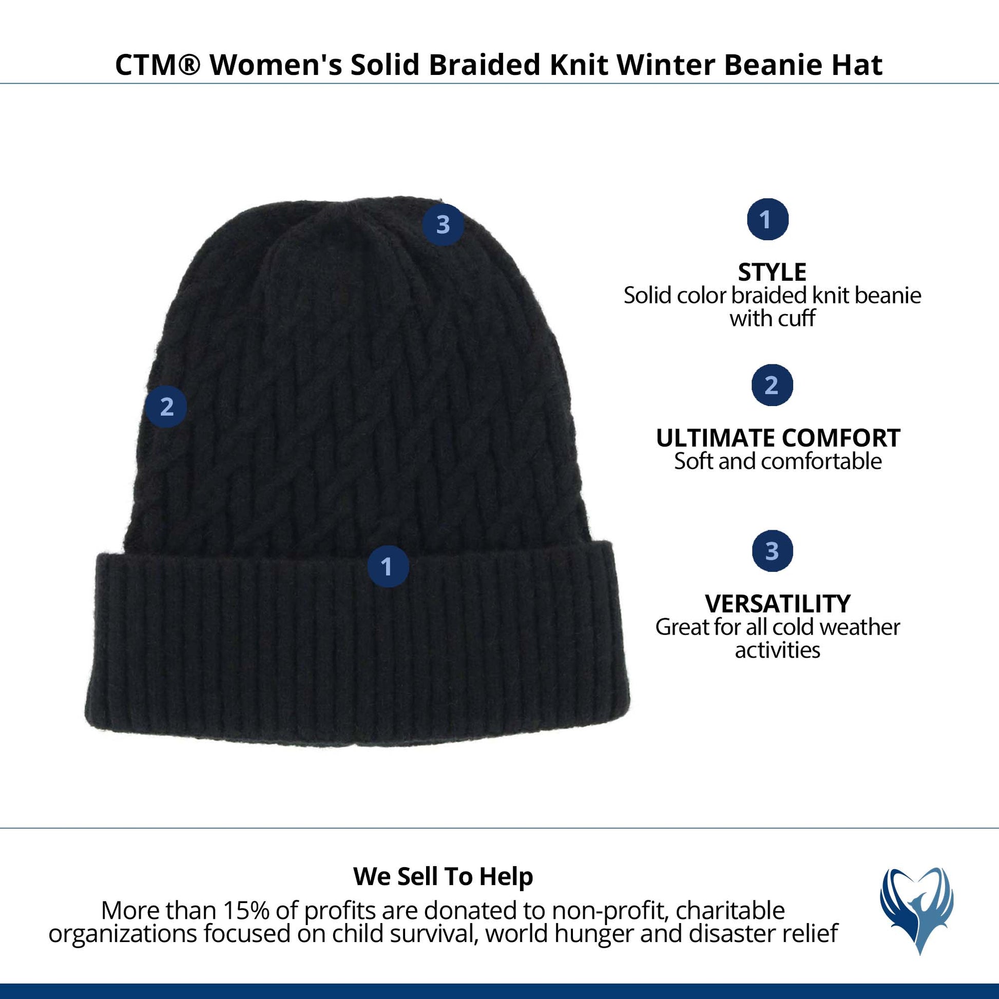 CTM® Women's Solid Braided Knit Winter Beanie Hat - Black