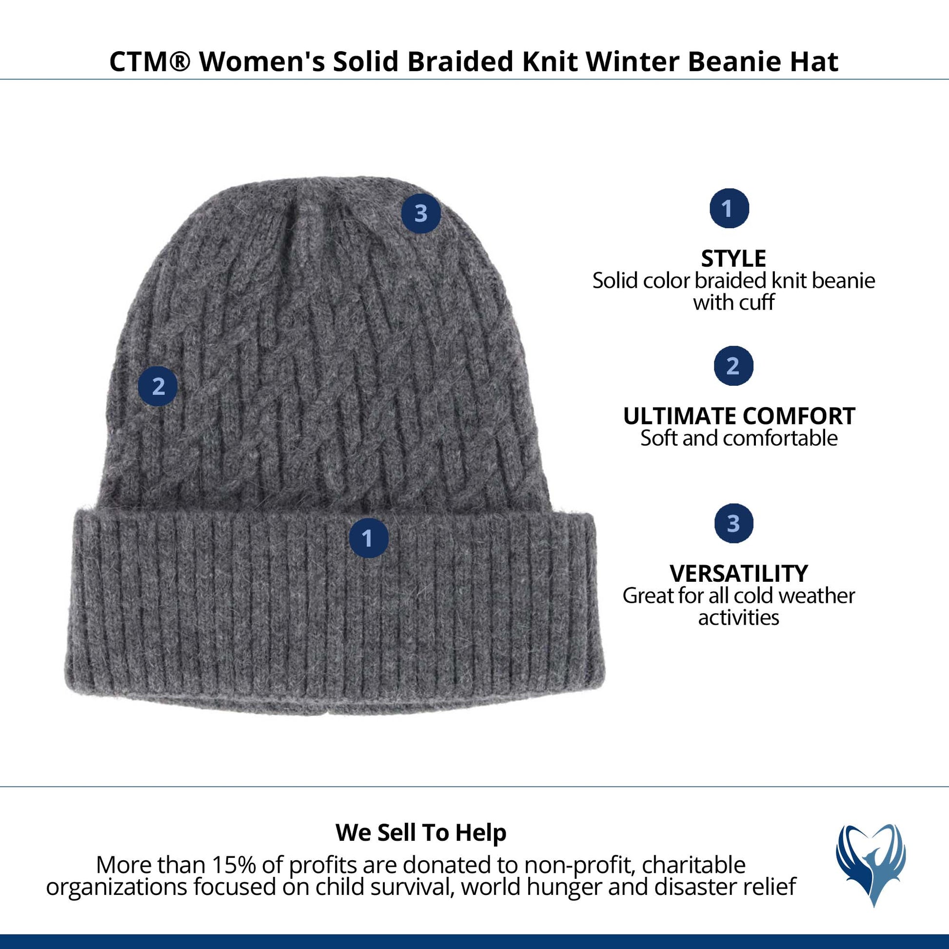 CTM® Women's Solid Braided Knit Winter Beanie Hat - Gray