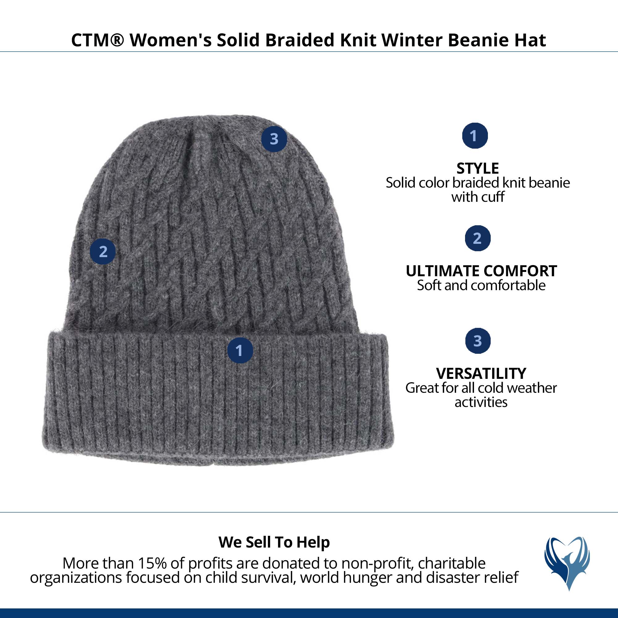 CTM® Women's Solid Braided Knit Winter Beanie Hat - Gray