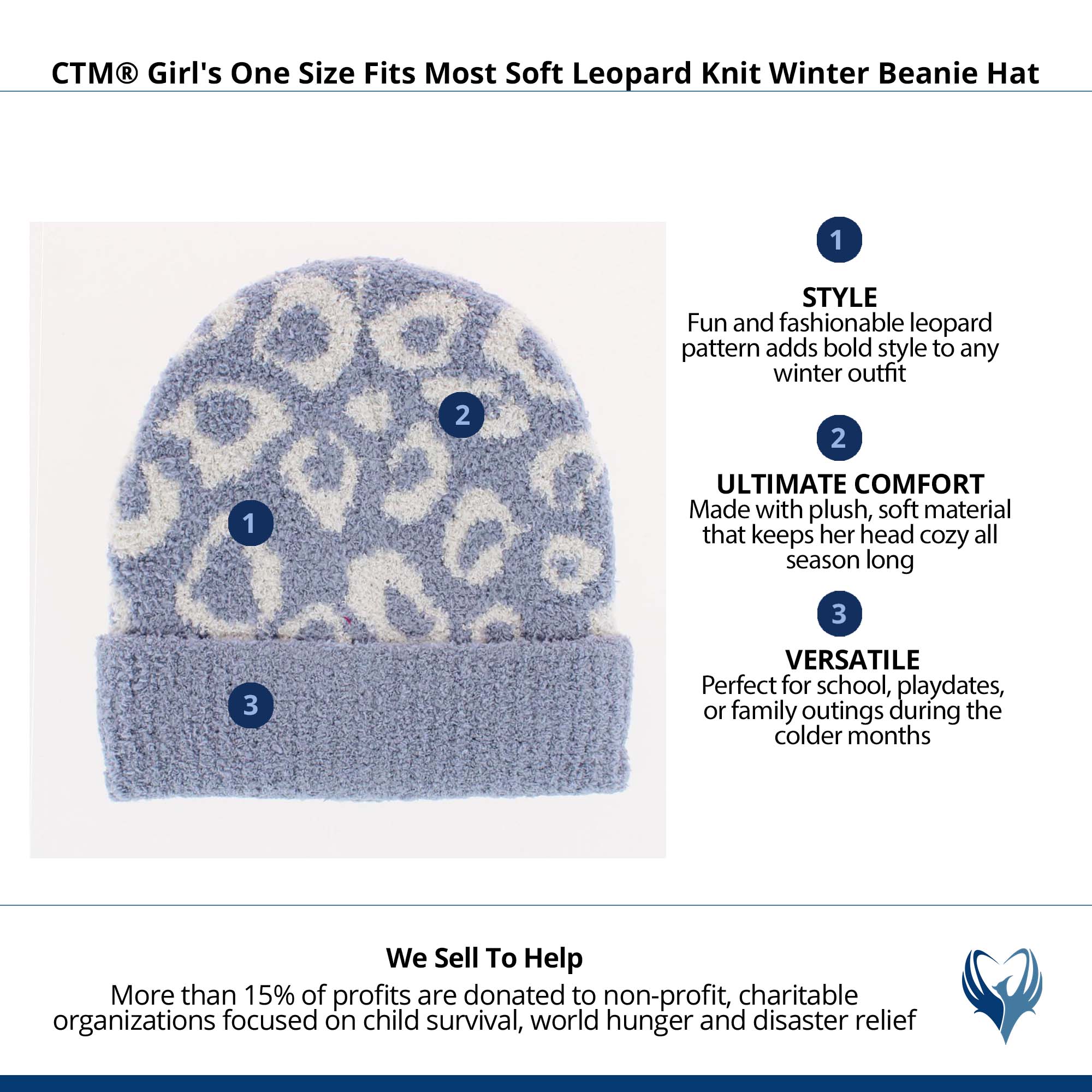 CTM® Girl's One Size Fits Most Soft Leopard Knit Winter Beanie Hat - Blue