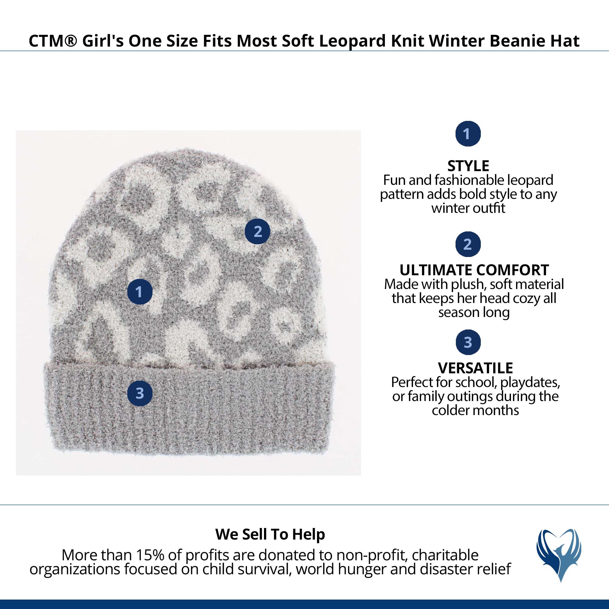 CTM® Girl's One Size Fits Most Soft Leopard Knit Winter Beanie Hat - Gray
