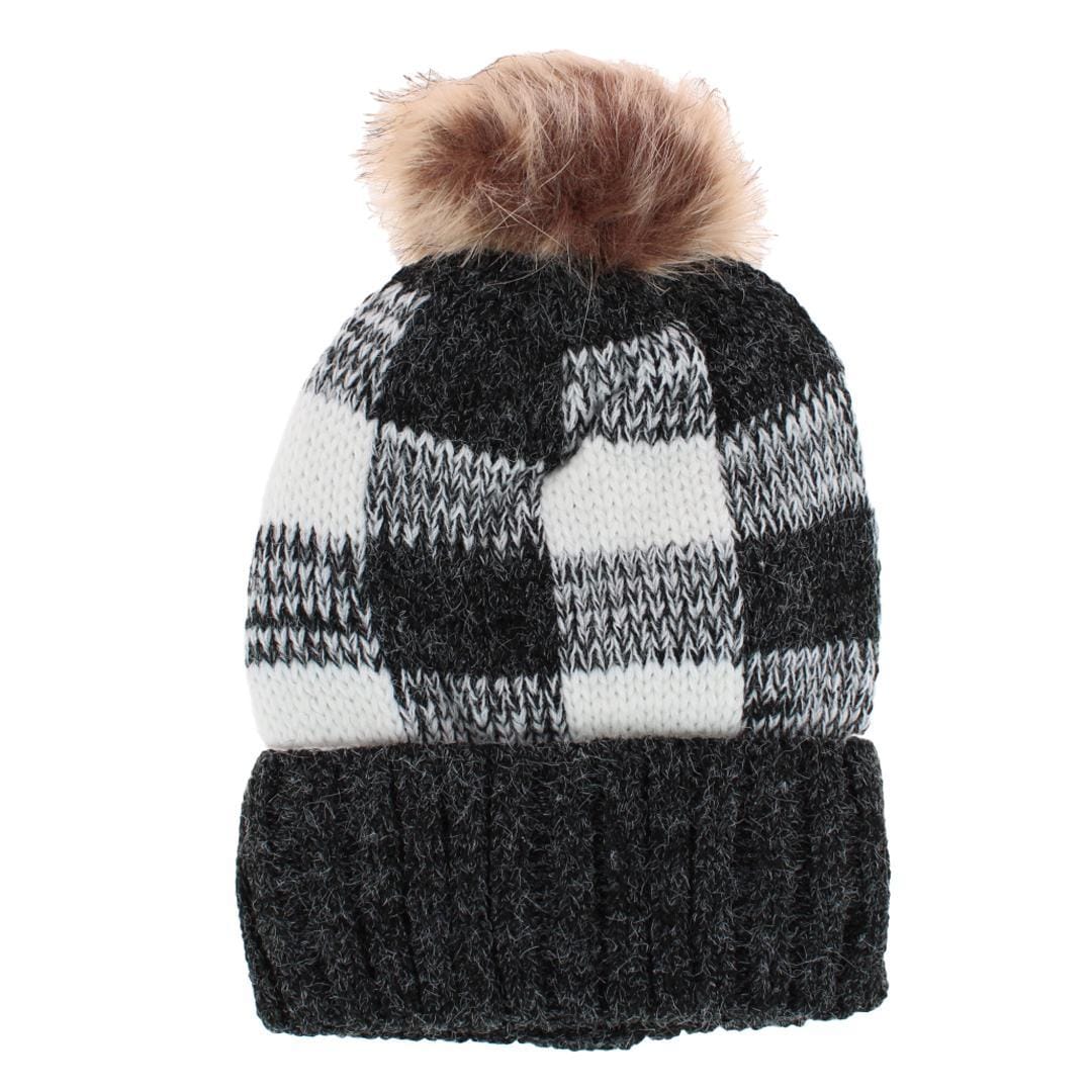 CTM® Women's Buffalo Plaid Knit Winter Beanie Hat with Synthetic Pom