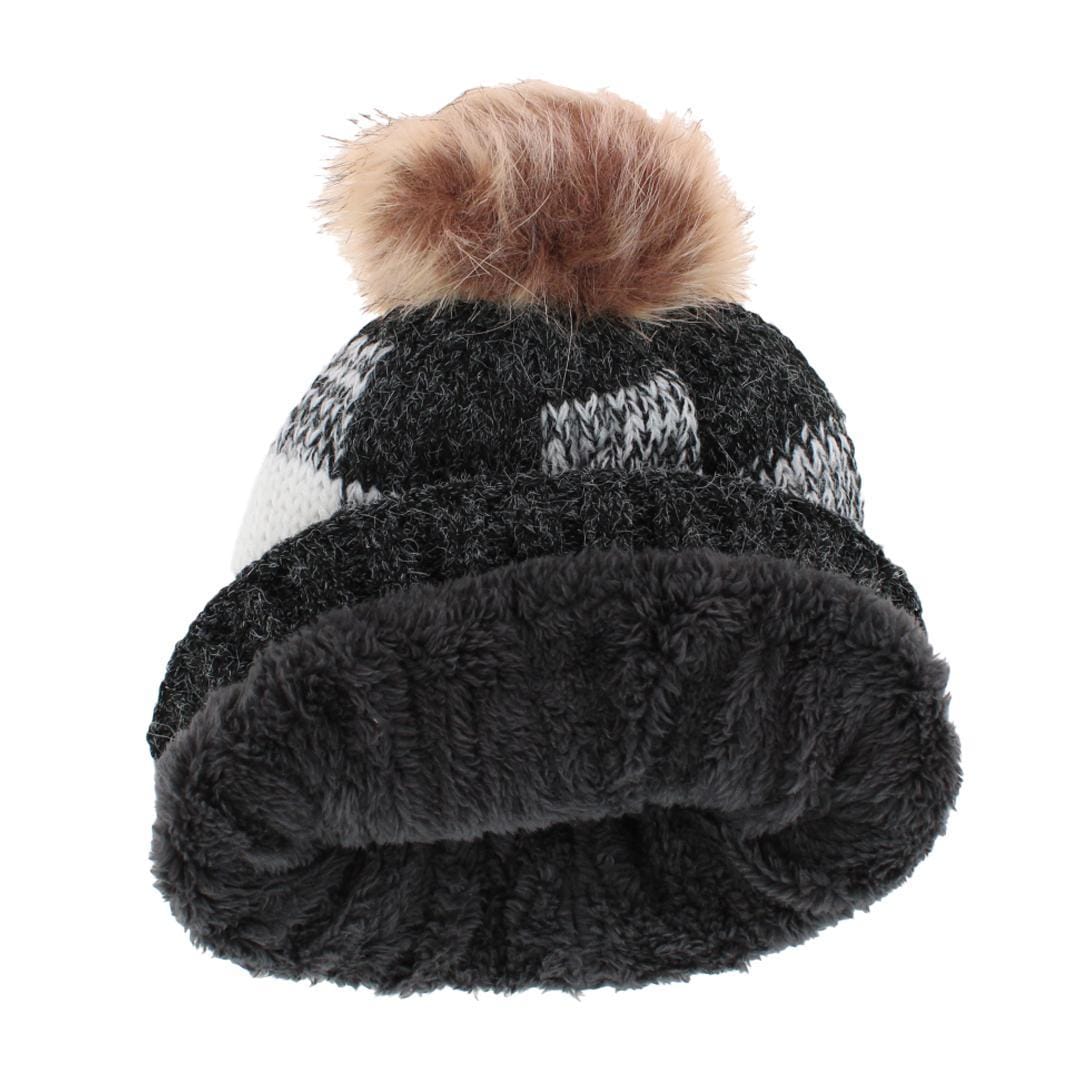 CTM® Women's Buffalo Plaid Knit Winter Beanie Hat with Synthetic Pom - Black