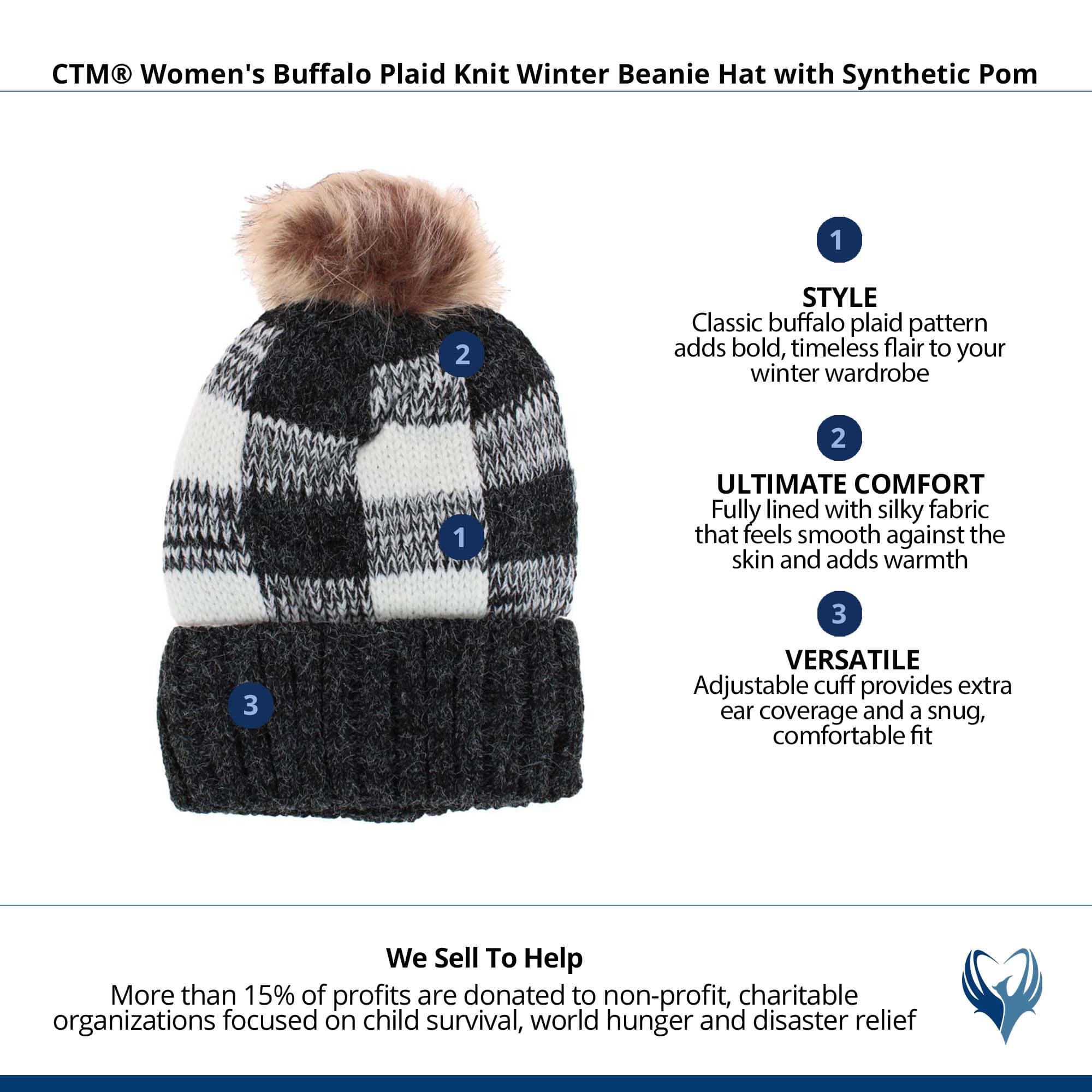 CTM® Women's Buffalo Plaid Knit Winter Beanie Hat with Synthetic Pom - Black
