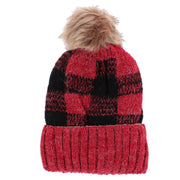 Women's Buffalo Plaid Knit Winter Beanie Hat with Synthetic Pom