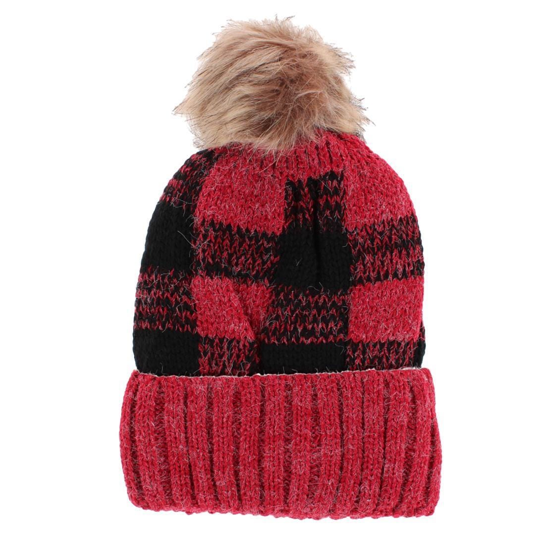 CTM® Women's Buffalo Plaid Knit Winter Beanie Hat with Synthetic Pom - Women's Buffalo Plaid Knit Winter Beanie Hat with Synthetic Pom