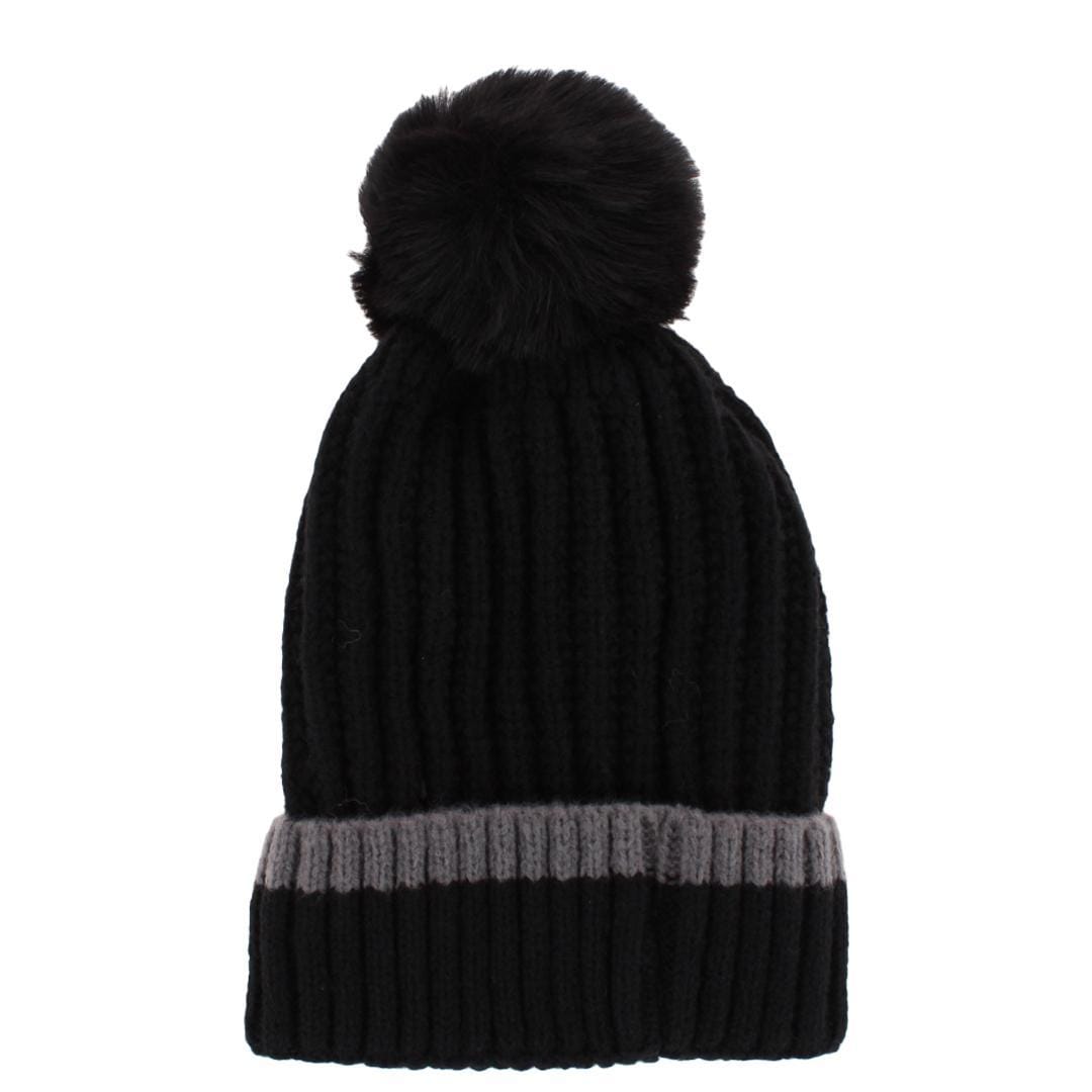 CTM® Women's Ribbed Knit Stripe Winter Beanie Hat with Pom