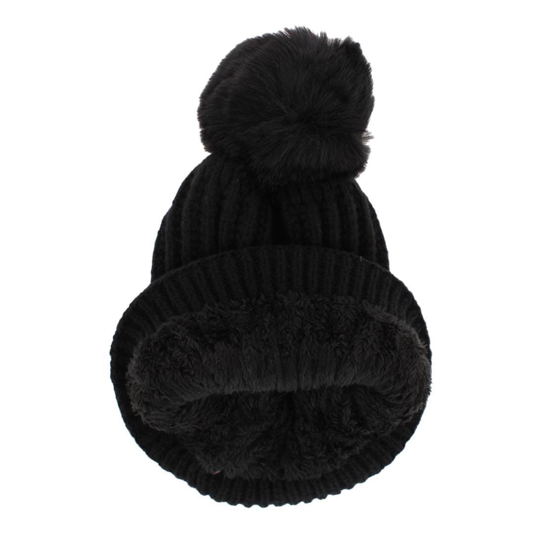 CTM® Women's Ribbed Knit Stripe Winter Beanie Hat with Pom - Black