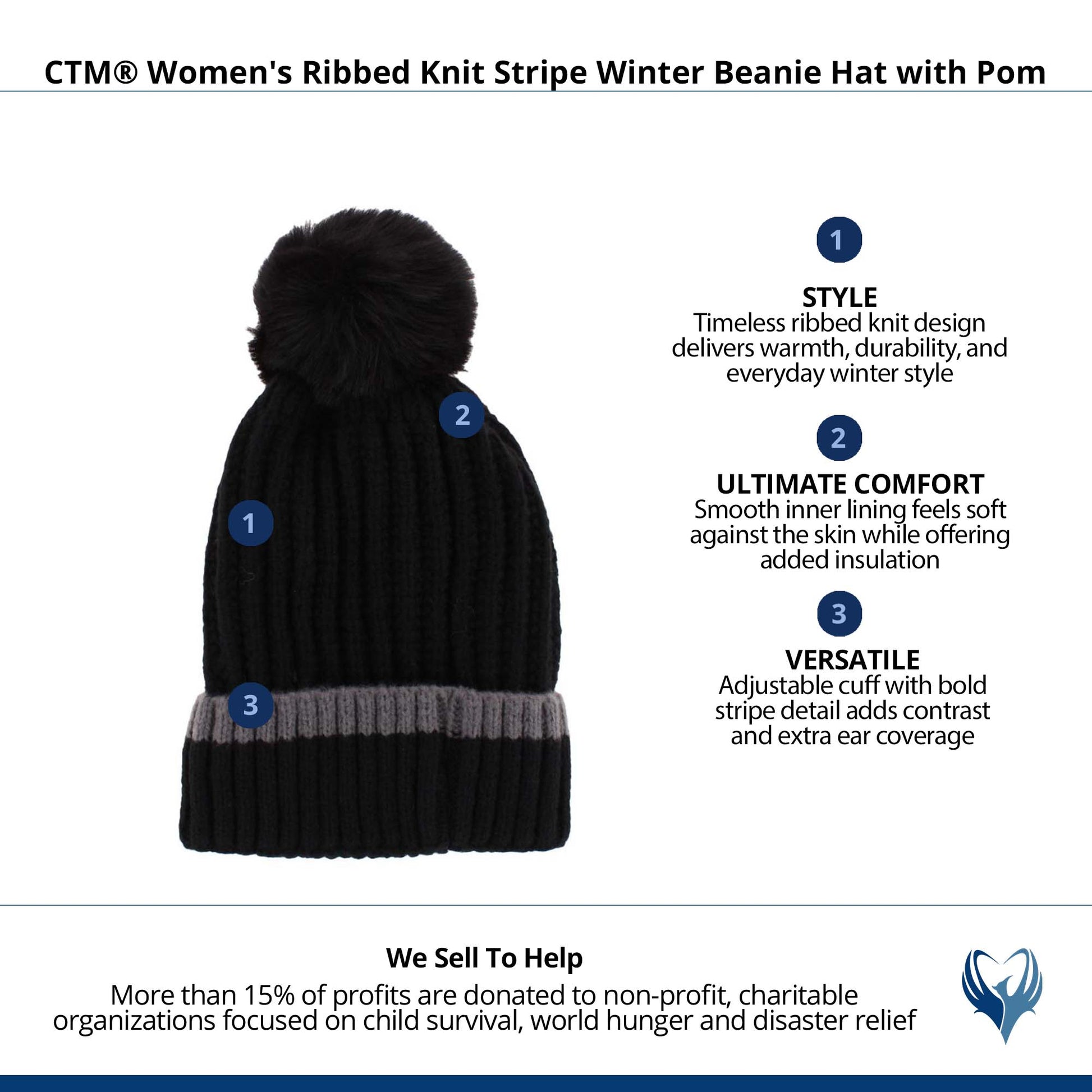 CTM® Women's Ribbed Knit Stripe Winter Beanie Hat with Pom - Black