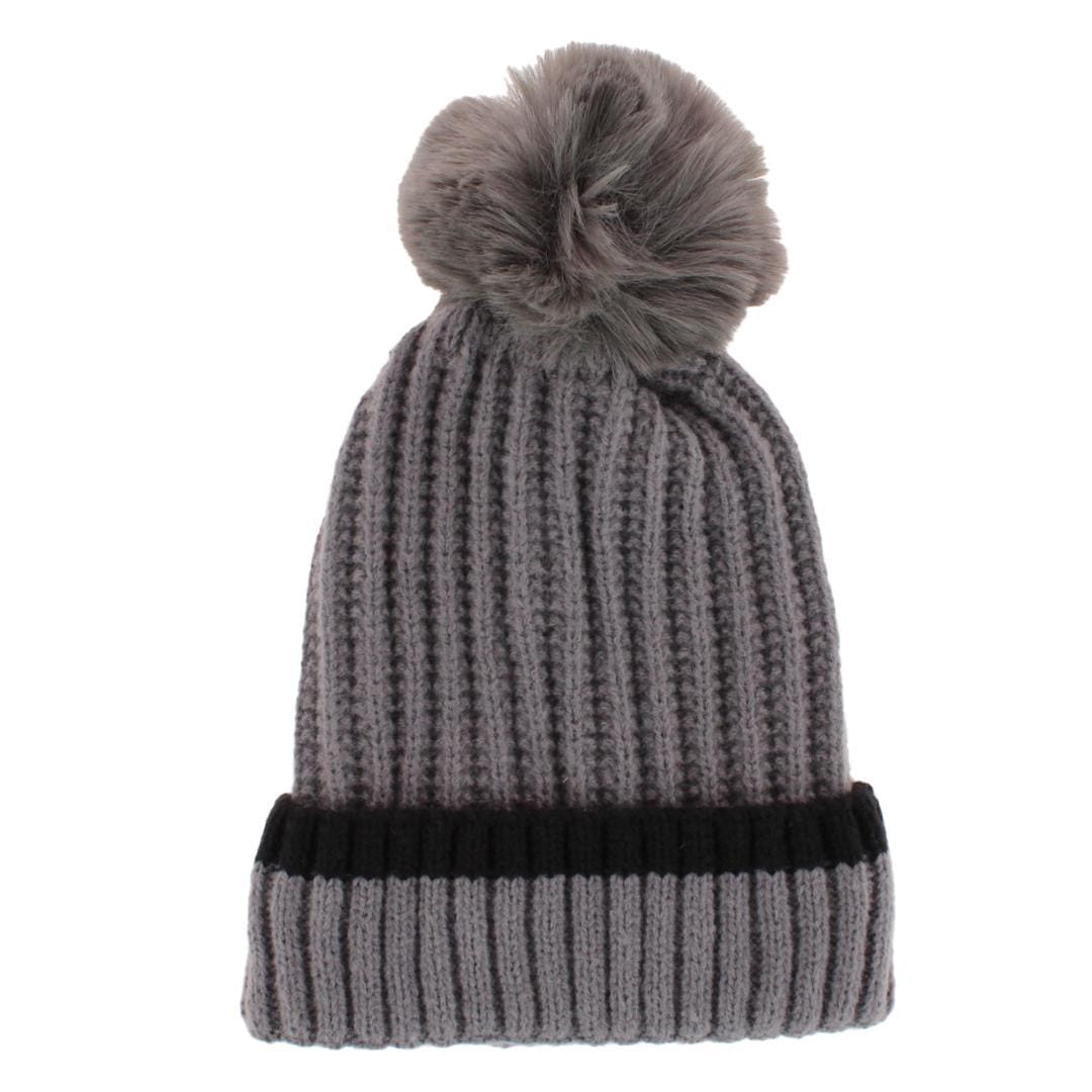 CTM® Women's Ribbed Knit Stripe Winter Beanie Hat with Pom