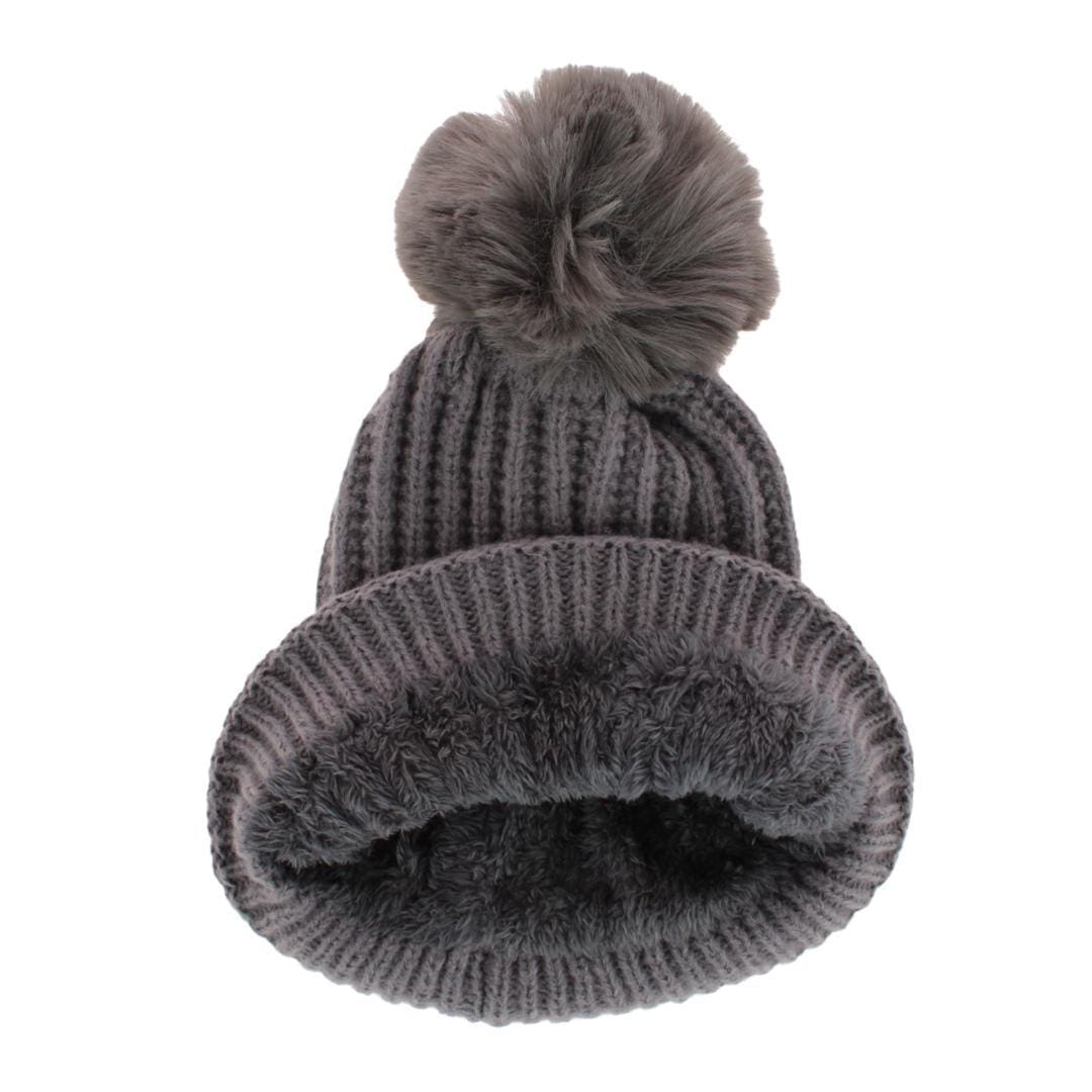 CTM® Women's Ribbed Knit Stripe Winter Beanie Hat with Pom - Gray