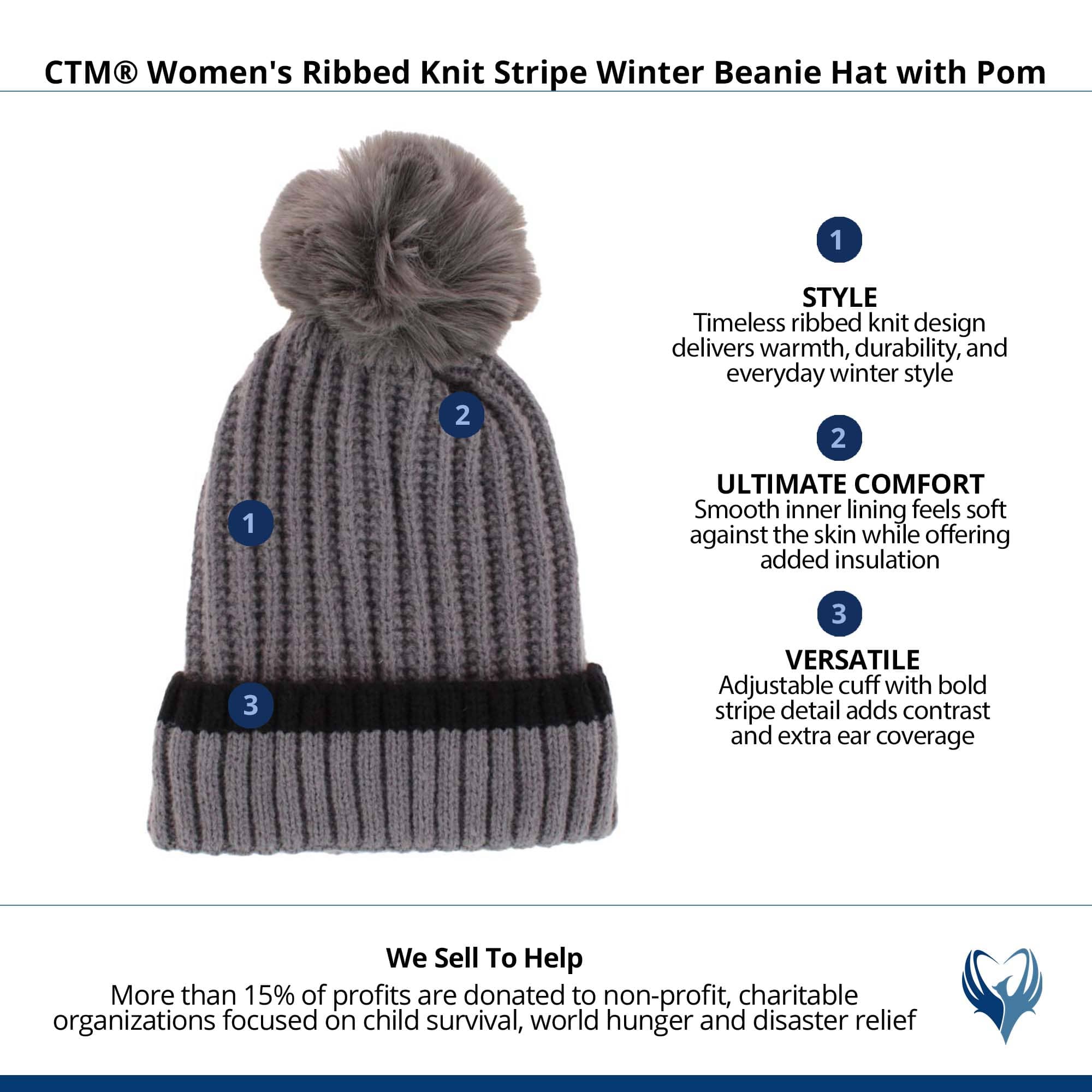 CTM® Women's Ribbed Knit Stripe Winter Beanie Hat with Pom - Gray