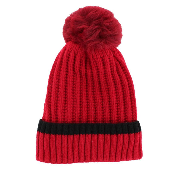 Women's Ribbed Knit Stripe Winter Beanie Hat with Pom