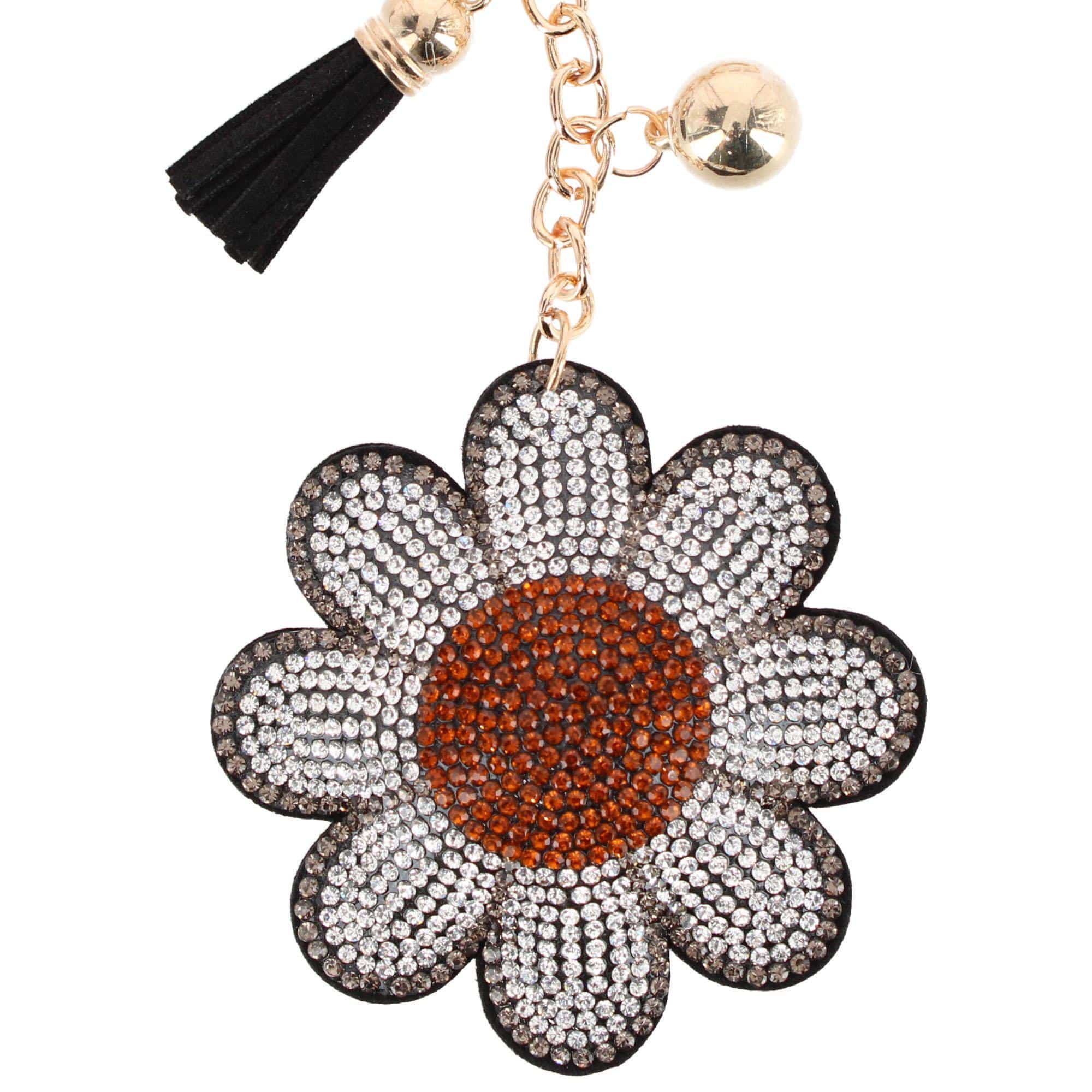 CTM® Women's Rhinestone Daisy with Tassel Bag Charm & Key Charm - Black