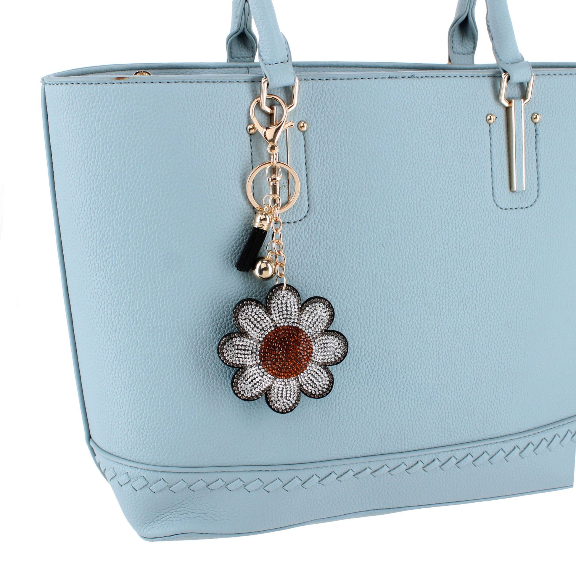 CTM® Women's Rhinestone Daisy with Tassel Bag Charm & Key Charm - Black