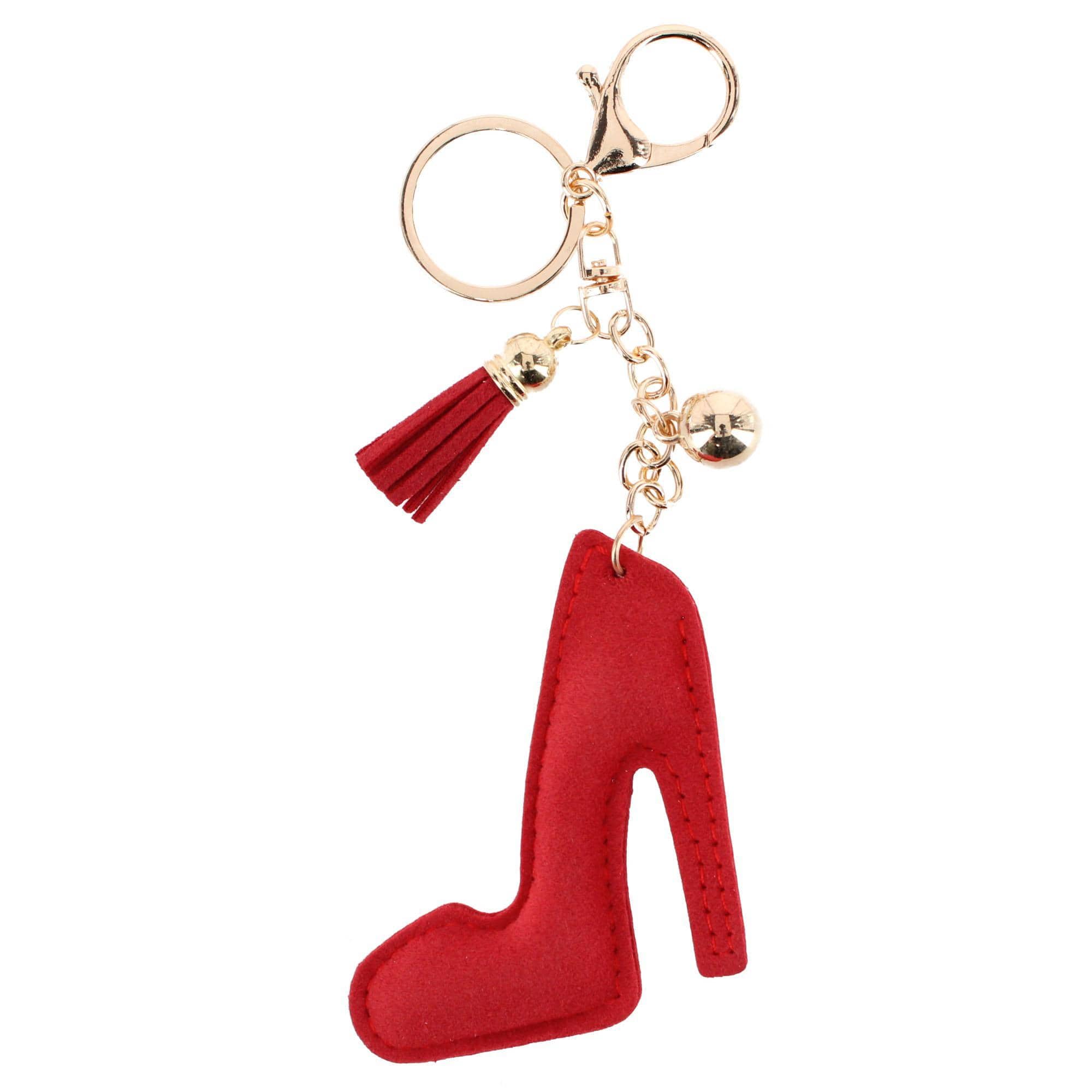 CTM® Women's Red Rhinestone High Heel with Tassel Bag Charm & Key Chain - Red