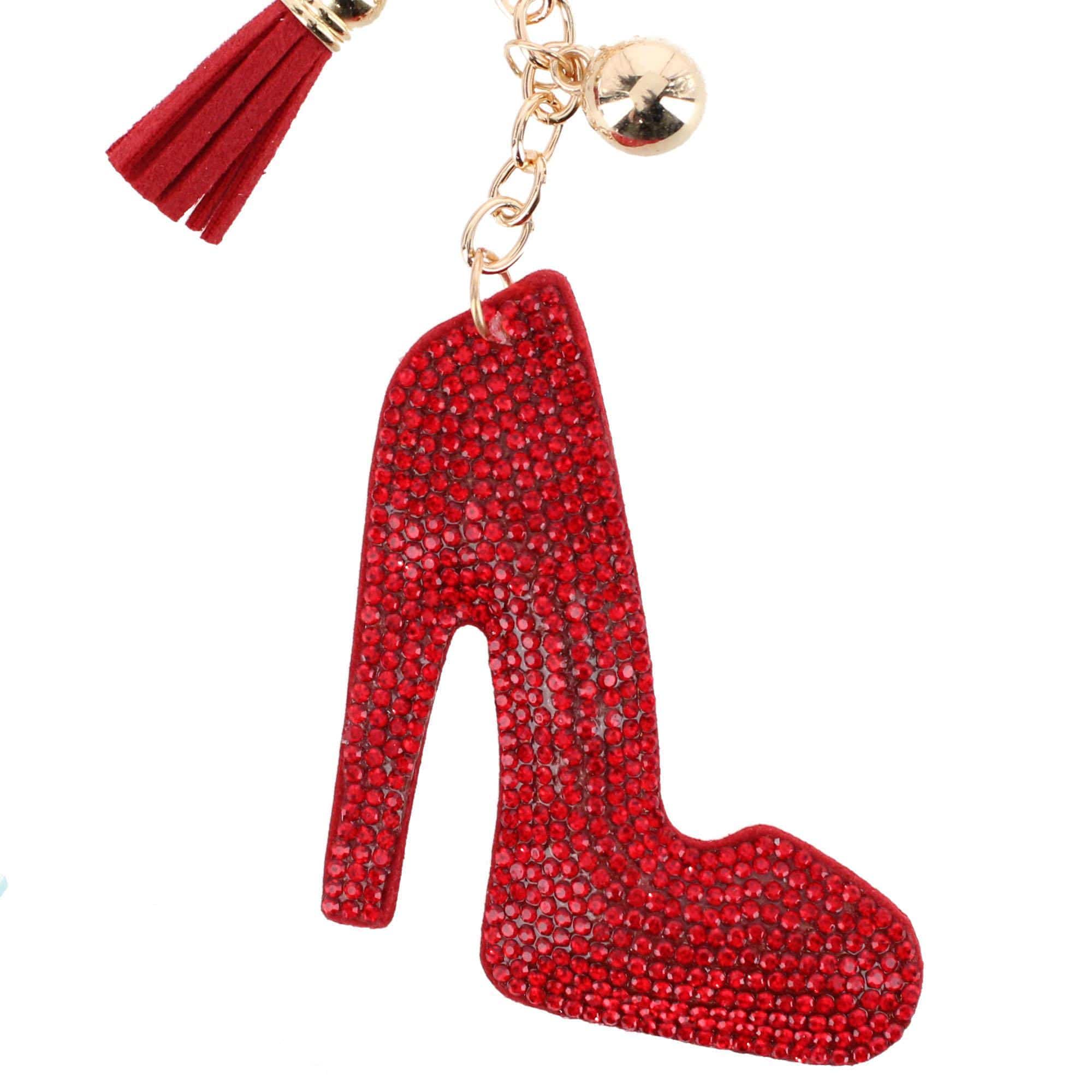CTM® Women's Red Rhinestone High Heel with Tassel Bag Charm & Key Chain - Red