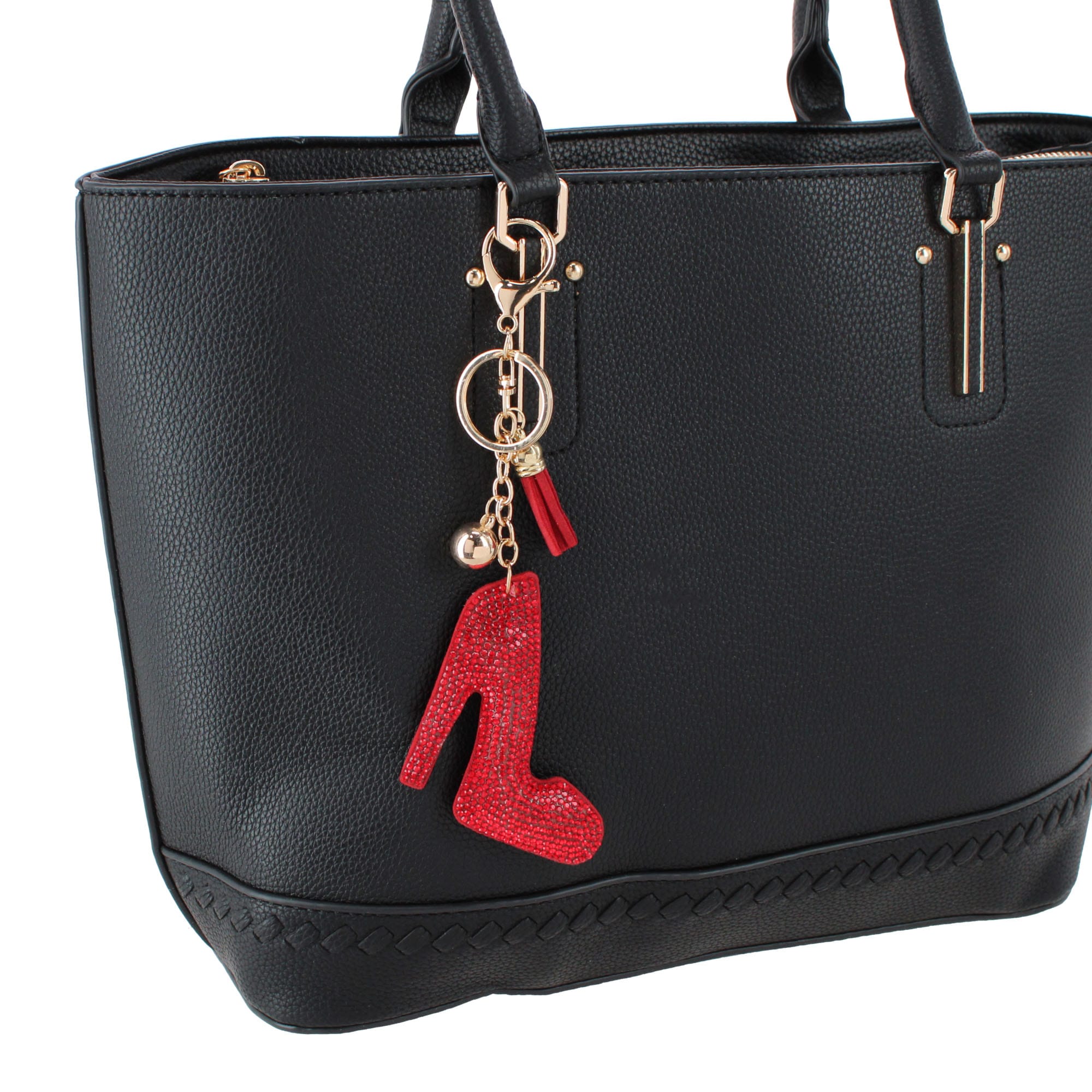 CTM® Women's Red Rhinestone High Heel with Tassel Bag Charm & Key Chain - Red