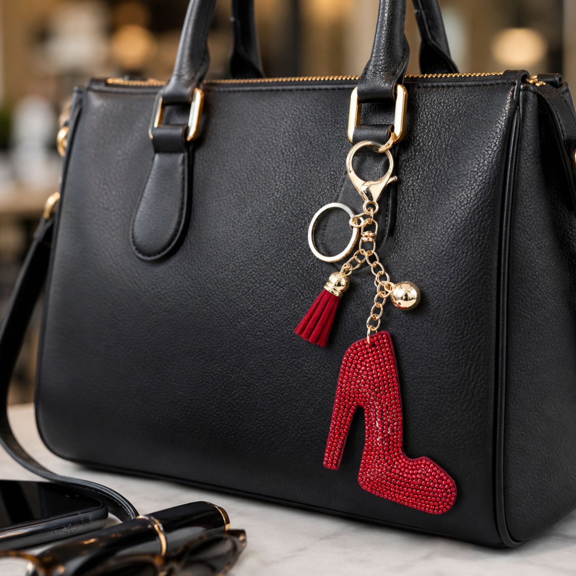CTM® Women's Red Rhinestone High Heel with Tassel Bag Charm & Key Chain - Red