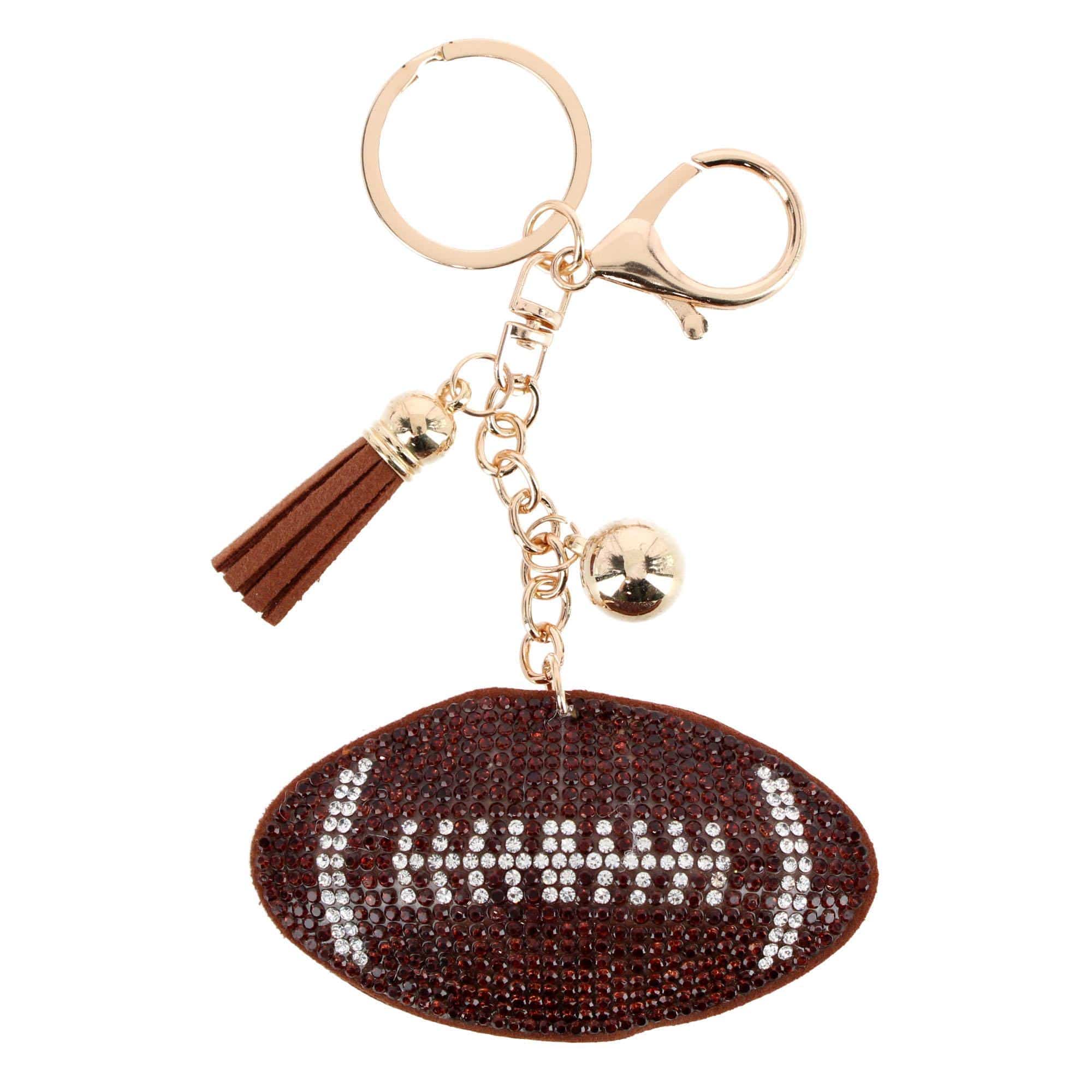 CTM® Women's Rhinestone Football with Tassel Bag Charm & Key Chain - Brown